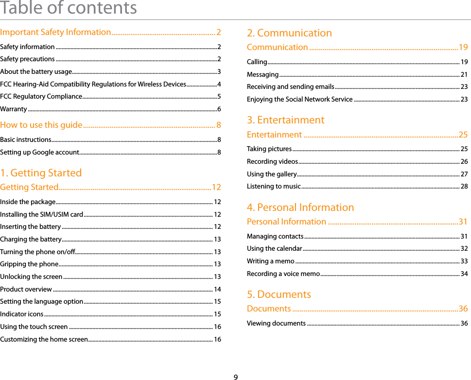 9Table of contentsImportant Safety Information ....................................................... 2Safety information ..............................................................................................................2Safety precautions ..............................................................................................................2About the battery usage...................................................................................................3FCC Hearing-Aid Compatibility Regulations for Wireless Devices .....................4FCC Regulatory Compliance ............................................................................................5Warranty .................................................................................................................................6How to use this guide ...................................................................... 8Basic instructions .................................................................................................................8Setting up Google account ..............................................................................................81. Getting StartedGetting Started.................................................................................12Inside the package ........................................................................................................... 12Installing the SIM/USIM card ........................................................................................ 12Inserting the battery ....................................................................................................... 12Charging the battery ....................................................................................................... 13Turning the phone on/off.............................................................................................. 13Gripping the phone ......................................................................................................... 13Unlocking the screen ...................................................................................................... 13Product overview ............................................................................................................. 14Setting the language option ........................................................................................ 15Indicator icons ................................................................................................................... 15Using the touch screen .................................................................................................. 16Customizing the home screen ..................................................................................... 162. CommunicationCommunication ...............................................................................19Calling ................................................................................................................................... 19Messaging ........................................................................................................................... 21Receiving and sending emails ..................................................................................... 23Enjoying the Social Network Service ........................................................................ 233. EntertainmentEntertainment ..................................................................................25Taking pictures .................................................................................................................. 25Recording videos .............................................................................................................. 26Using the gallery ............................................................................................................... 27Listening to music ............................................................................................................ 284. Personal InformationPersonal Information .....................................................................31Managing contacts .......................................................................................................... 31Using the calendar ........................................................................................................... 32Writing a memo ................................................................................................................ 33Recording a voice memo ............................................................................................... 345. DocumentsDocuments ........................................................................................36Viewing documents ........................................................................................................ 36