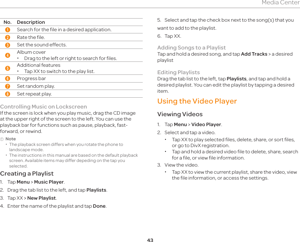 43Media CenterNo. Description1Search for the file in a desired application.2Rate the file.3Set the sound effects.4Album cover xDrag to the left or right to search for files.5Additional features xTap XX to switch to the play list.6Progress bar7Set random play.8Set repeat play.Controlling Music on Lockscreen If the screen is lock when you play music, drag the CD image at the upper right of the screen to the left. You can use the playback bar for functions such as pause, playback, fast-forward, or rewind.Note xThe playback screen differs when you rotate the phone to landscape mode. xThe instructions in this manual are based on the default playback screen. Available items may differ depeding on the tap you selected.Creating a Playlist1. Tap Menu &gt; Music Player.2.  Drag the tab list to the left, and tap Playlists.3.  Tap XX &gt; New Playlist.4.  Enter the name of the playlist and tap Done.5.  Select and tap the check box next to the song(s) that youwant to add to the playlist.6.  Tap XX.Adding Songs to a Playlist Tap and hold a desired song, and tap Add Tracks &gt; a desired playlistEditing Playlists Drag the tab list to the left, tap Playlists, and tap and hold a desired playlist. You can edit the playlist by tapping a desired item.Using the Video Player Viewing Videos1. Tap Menu &gt; Video Player.2.  Select and tap a video. xTap XX to play selected files, delete, share, or sort files, or go to DivX registration. xTap and hold a desired video file to delete, share, search for a file, or view file information.3.  View the video. xTap XX to view the current playlist, share the video, view the file information, or access the settings.