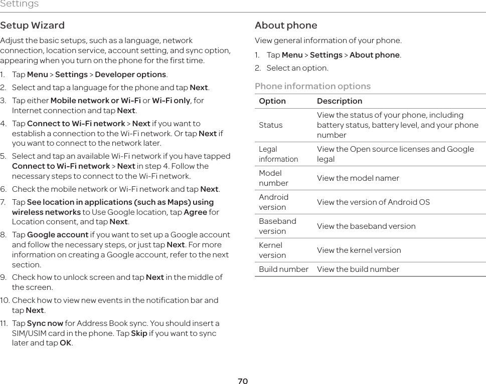 70SettingsSetup WizardAdjust the basic setups, such as a language, network connection, location service, account setting, and sync option, appearing when you turn on the phone for the first time.1. Tap Menu &gt; Settings &gt; Developer options.2.  Select and tap a language for the phone and tap Next.3.  Tap either Mobile network or Wi-Fi or Wi-Fi only, for Internet connection and tap Next.4. Tap Connect to Wi-Fi network &gt; Next if you want to establish a connection to the Wi-Fi network. Or tap Next if you want to connect to the network later.5.  Select and tap an available Wi-Fi network if you have tapped  Connect to Wi-Fi network &gt; Next in step 4. Follow the necessary steps to connect to the Wi-Fi network.6.  Check the mobile network or Wi-Fi network and tap Next.7. Tap See location in applications (such as Maps) using wireless networks to Use Google location, tap Agree for Location consent, and tap Next.8. Tap Google account if you want to set up a Google account and follow the necessary steps, or just tap Next. For more information on creating a Google account, refer to the next section.9.  Check how to unlock screen and tap Next in the middle of the screen.10. Check how to view new events in the notification bar and tap Next.11. Tap Sync now for Address Book sync. You should insert a SIM/USIM card in the phone. Tap Skip if you want to sync later and tap OK.About phoneView general information of your phone.1. Tap Menu &gt; Settings &gt; About phone.2.  Select an option.Phone information optionsOption DescriptionStatusView the status of your phone, including battery status, battery level, and your phone numberLegal informationView the Open source licenses and Google legalModel number View the model namerAndroid version View the version of Android OSBaseband version View the baseband versionKernel version View the kernel versionBuild number View the build number