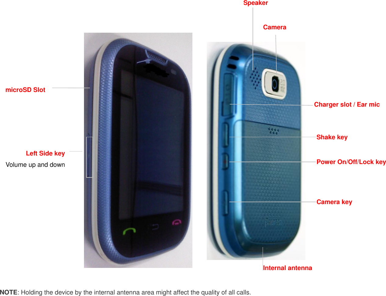   Camera Camera key Speaker NOTE: Holding the device by the internal antenna area might affect the quality of all calls. Charger slot / Ear mic  Left Side key Volume up and down microSD Slot  Power On/Off/Lock key Shake key Internal antenna 
