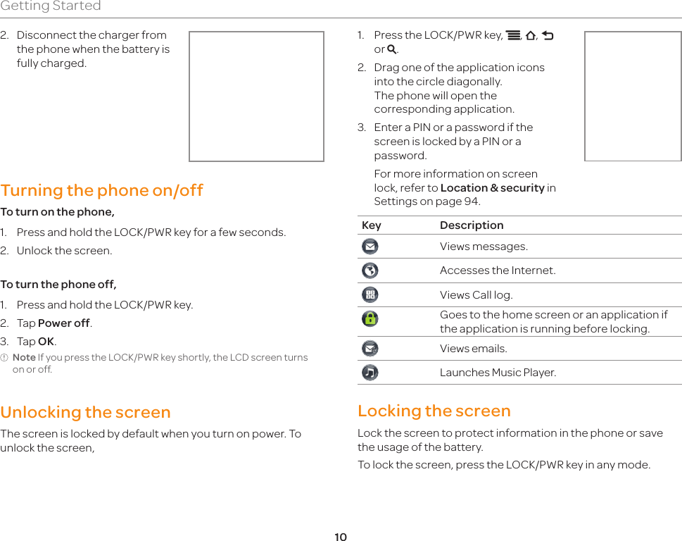 10Getting Started2.  Disconnect the charger from the phone when the battery is fully charged.Turning the phone on/offTo turn on the phone,1.  Press and hold the LOCK/PWR key for a few seconds.2.  Unlock the screen.To turn the phone off,1.  Press and hold the LOCK/PWR key.2.  Tap Power off.3.  Tap OK.Note If you press the LOCK/PWR key shortly, the LCD screen turns on or off.Unlocking the screenThe screen is locked by default when you turn on power. To unlock the screen,1.  Press the LOCK/PWR key, n, B, l or m.2.  Drag one of the application icons into the circle diagonally. The phone will open the corresponding application.3.  Enter a PIN or a password if the screen is locked by a PIN or a password.  For more information on screen lock, refer to Location &amp; security in Settings on page 94.Key DescriptionViews messages.Accesses the Internet.Views Call log.Goes to the home screen or an application if the application is running before locking. Views emails.Launches Music Player.Locking the screenLock the screen to protect information in the phone or save the usage of the battery.To lock the screen, press the LOCK/PWR key in any mode.