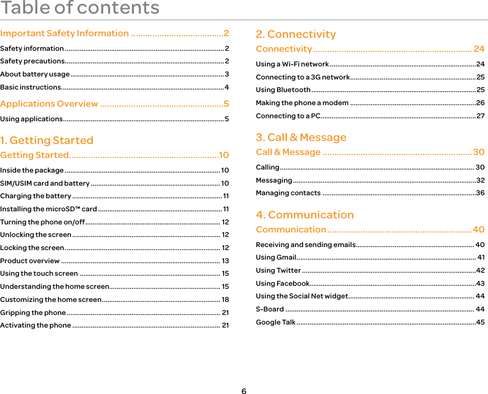 6Table of contentsImportant Safety Information .......................................2Safety information ...................................................................................... 2Safety precautions ......................................................................................2About battery usage ................................................................................... 3Basic instructions ........................................................................................4Applications Overview ....................................................5Using applications .......................................................................................51. Getting StartedGetting Started ...............................................................10Inside the package ....................................................................................10SIM/USIM card and battery ......................................................................10Charging the battery ................................................................................. 11Installing the microSD™ card ................................................................... 11Turning the phone on/off ......................................................................... 12Unlocking the screen ................................................................................ 12Locking the screen .................................................................................... 12Product overview ...................................................................................... 13Using the touch screen ............................................................................ 15Understanding the home screen............................................................ 15Customizing the home screen ................................................................ 18Gripping the phone ................................................................................... 21Activating the phone ................................................................................ 212. ConnectivityConnectivity ................................................................... 24Using a Wi-Fi network ...............................................................................24Connecting to a 3G network ....................................................................25Using Bluetooth .........................................................................................25Making the phone a modem ....................................................................26Connecting to a PC ....................................................................................273. Call &amp; MessageCall &amp; Message ...............................................................30Calling ......................................................................................................... 30Messaging ................................................................................................... 32Managing contacts ...................................................................................364. CommunicationCommunication .............................................................40Receiving and sending emails ................................................................ 40Using Gmail ................................................................................................. 41Using Twitter ..............................................................................................42Using Facebook..........................................................................................43Using the Social Net widget .................................................................... 44S-Board ...................................................................................................... 44Google Talk .................................................................................................45