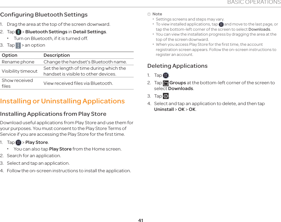 41BASIC OPERATIONSConfiguring Bluetooth Settings1.  Drag the area at the top of the screen downward. 2. Tap   &gt; Bluetooth Settings in Detail Settings. xTurn on Bluetooth, if it is turned off.3. Tap   &gt; an option Option DescriptionRename phone Change the handset&apos;s Bluetooth name.Visibility timeout Set the length of time during which the handset is visible to other devices.Show received files View received files via Bluetooth.Installing or Uninstalling ApplicationsInstalling Applications from Play StoreDownload useful applications from Play Store and use them for your purposes. You must consent to the Play Store Terms of Service if you are accessing the Play Store for the first time.1. Tap   &gt; Play Store. xYou can also tap Play Store from the Home screen.2.  Search for an application.3.  Select and tap an application.4.  Follow the on-screen instructions to install the application. Note  xSettings screens and steps may vary. xTo view installed applications, tap   and move to the last page, or tap the bottom-left corner of the screen to select Downloads. xYou can view the installation progress by dragging the area at the top of the screen downward. xWhen you access Play Store for the first time, the account registration screen appears. Follow the on-screen instructions to register an account.Deleting Applications1. Tap  .2. Tap   Groups at the bottom-left corner of the screen to select Downloads.3. Tap  .4.  Select and tap an application to delete, and then tap Uninstall &gt; OK &gt; OK.