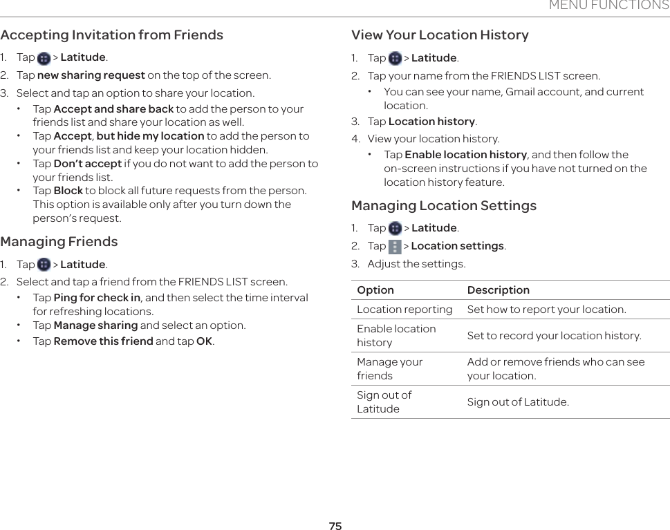 75MENU FUNCTIONSAccepting Invitation from Friends 1. Tap   &gt; Latitude.2. Tap new sharing request on the top of the screen.3.  Select and tap an option to share your location. xTap Accept and share back to add the person to your friends list and share your location as well. xTap Accept, but hide my location to add the person to your friends list and keep your location hidden. xTap Don’t accept if you do not want to add the person to your friends list. xTap Block to block all future requests from the person. This option is available only after you turn down the person’s request.Managing Friends 1. Tap   &gt; Latitude.2.  Select and tap a friend from the FRIENDS LIST screen.  xTap Ping for check in, and then select the time interval for refreshing locations. xTap Manage sharing and select an option. xTap Remove this friend and tap OK.View Your Location History1. Tap   &gt; Latitude.2.  Tap your name from the FRIENDS LIST screen. xYou can see your name, Gmail account, and current location.3. Tap Location history.4.  View your location history. xTap Enable location history, and then follow the on-screen instructions if you have not turned on the location history feature.Managing Location Settings1. Tap   &gt; Latitude.2. Tap   &gt; Location settings.3.  Adjust the settings.Option DescriptionLocation reporting Set how to report your location.Enable location history Set to record your location history.Manage your friendsAdd or remove friends who can see your location.Sign out of Latitude Sign out of Latitude.