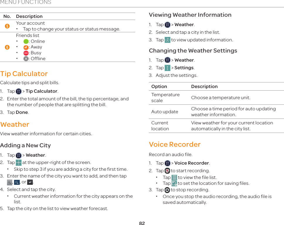 82MENU FUNCTIONSNo. Description5Your account xTap to change your status or status message.6Friends list x: Online x: Away x: Busy x: OfflineTip Calculator Calculate tips and split bills.1. Tap   &gt; Tip Calculator.2.  Enter the total amount of the bill, the tip percentage, and the number of people that are splitting the bill.3. Tap Done. WeatherView weather information for certain cities.Adding a New City1. Tap   &gt; Weather.2. Tap   at the upper-right of the screen. xSkip to step 3 if you are adding a city for the first time.3.  Enter the name of the city you want to add, and then tap  , , or  .4.  Select and tap the city. xCurrent weather information for the city appears on the list.5.  Tap the city on the list to view weather forecast.Viewing Weather Information 1. Tap   &gt; Weather.2.  Select and tap a city in the list.3. Tap   to view updated information.Changing the Weather Settings1. Tap   &gt; Weather.2. Tap   &gt; Settings.3.  Adjust the settings.Option DescriptionTemperature scale Choose a temperature unit.Auto update Choose a time period for auto updating weather information.Current locationView weather for your current location automatically in the city list.Voice RecorderRecord an audio file.1. Tap   &gt; Voice Recorder.2. Tap   to start recording. xTap   to view the file list. xTap   to set the location for saving files.3. Tap   to stop recording.  xOnce you stop the audio recording, the audio file is saved automatically.