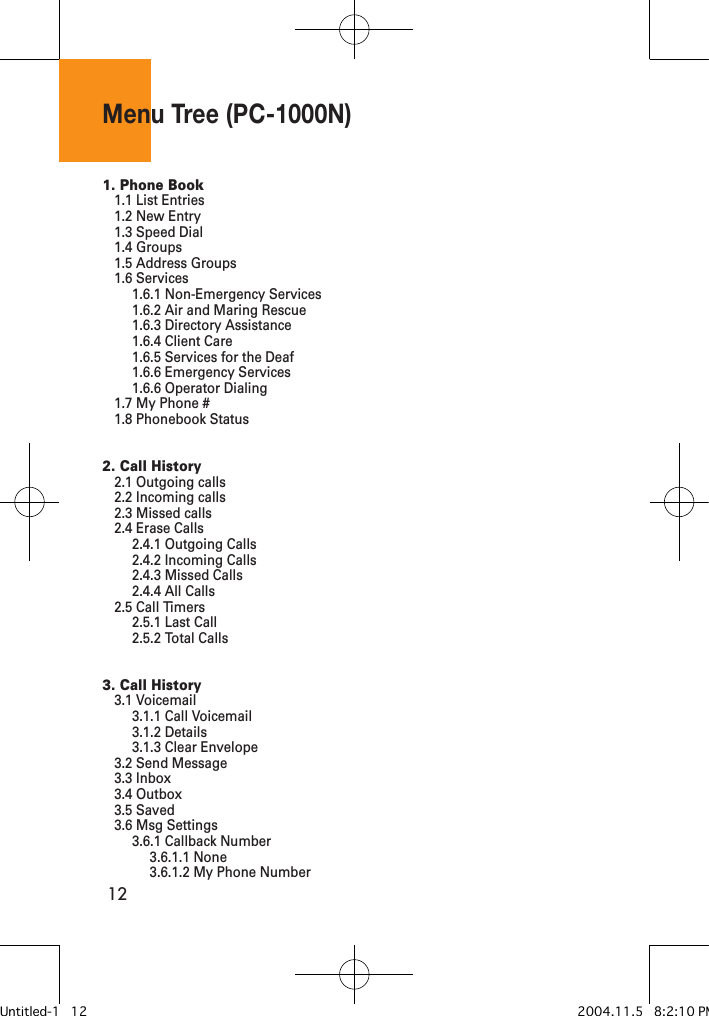 121. Phone Book 1.1 List Entries1.2 New Entry1.3 Speed Dial1.4 Groups1.5 Address Groups1.6 Services1.6.1 Non-Emergency Services1.6.2 Air and Maring Rescue1.6.3 Directory Assistance1.6.4 Client Care1.6.5 Services for the Deaf1.6.6 Emergency Services1.6.6 Operator Dialing1.7 My Phone #1.8 Phonebook Status2. Call History2.1 Outgoing calls2.2 Incoming calls2.3 Missed calls2.4 Erase Calls2.4.1 Outgoing Calls2.4.2 Incoming Calls2.4.3 Missed Calls2.4.4 All Calls2.5 Call Timers2.5.1 Last Call2.5.2 Total Calls3. Call History3.1 Voicemail3.1.1 Call Voicemail3.1.2 Details3.1.3 Clear Envelope3.2 Send Message3.3 Inbox3.4 Outbox3.5 Saved3.6 Msg Settings3.6.1 Callback Number3.6.1.1 None3.6.1.2 My Phone NumberMenu Tree (PC-1000N)Untitled-1   12 2004.11.5   8:2:10 PM