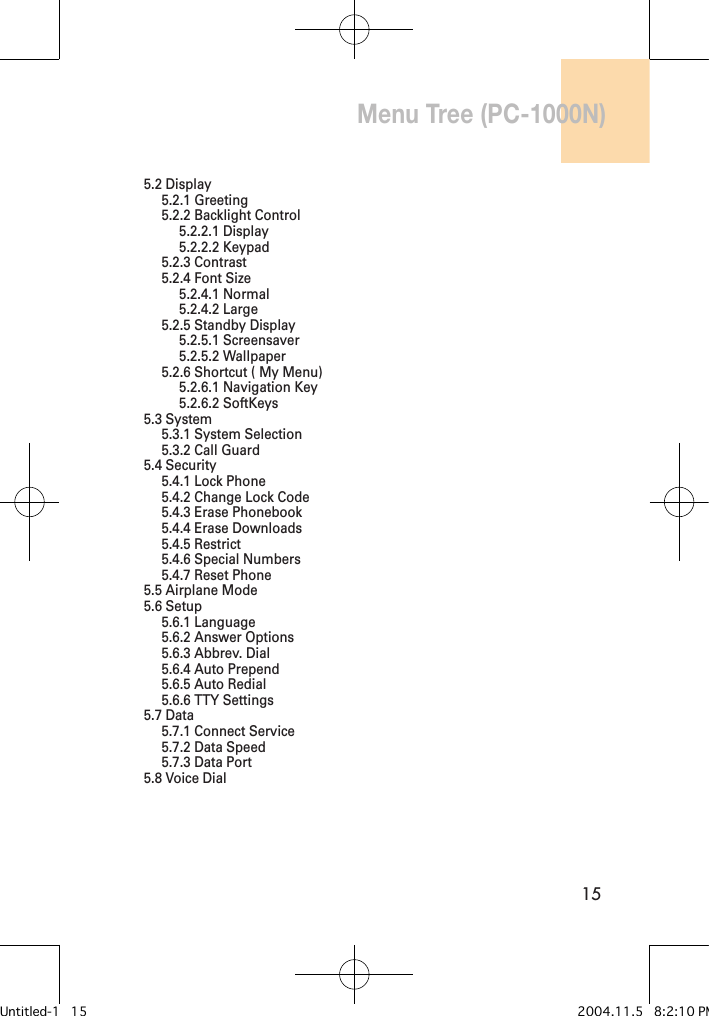 15Menu Tree (PC-1000N)5.2 Display5.2.1 Greeting5.2.2 Backlight Control5.2.2.1 Display5.2.2.2 Keypad5.2.3 Contrast5.2.4 Font Size5.2.4.1 Normal5.2.4.2 Large5.2.5 Standby Display5.2.5.1 Screensaver5.2.5.2 Wallpaper5.2.6 Shortcut ( My Menu)5.2.6.1 Navigation Key5.2.6.2 SoftKeys 5.3 System5.3.1 System Selection5.3.2 Call Guard5.4 Security5.4.1 Lock Phone5.4.2 Change Lock Code5.4.3 Erase Phonebook5.4.4 Erase Downloads5.4.5 Restrict5.4.6 Special Numbers5.4.7 Reset Phone5.5 Airplane Mode5.6 Setup5.6.1 Language5.6.2 Answer Options5.6.3 Abbrev. Dial5.6.4 Auto Prepend 5.6.5 Auto Redial5.6.6 TTY Settings5.7 Data5.7.1 Connect Service5.7.2 Data Speed5.7.3 Data Port5.8 Voice DialUntitled-1   15 2004.11.5   8:2:10 PM