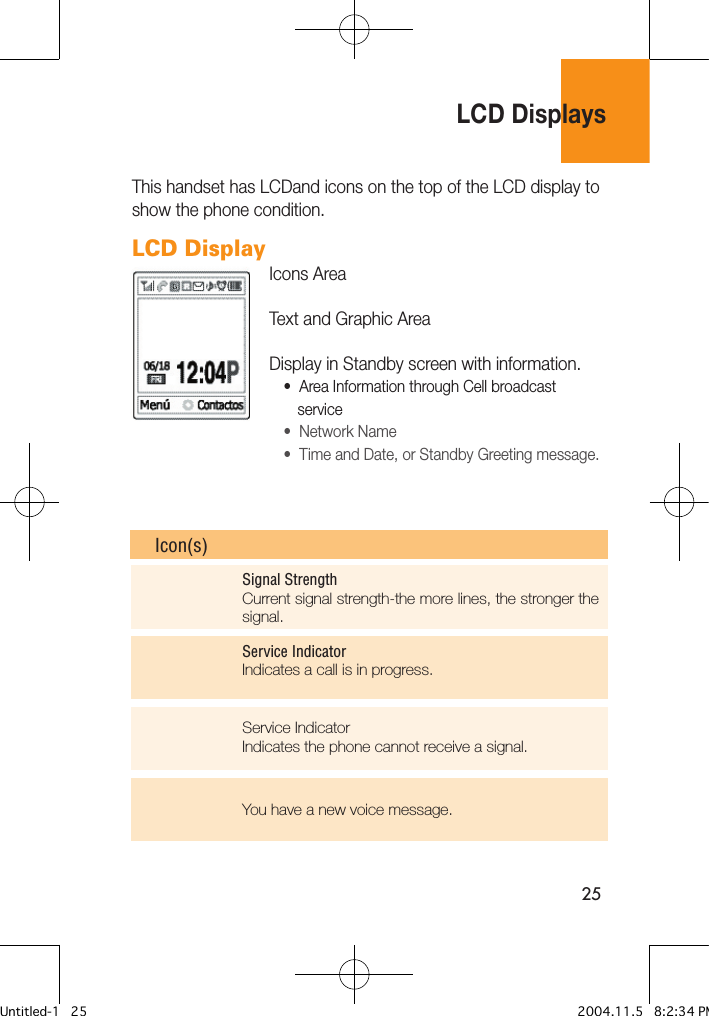 25LCD Display                       Icons Area                       Text and Graphic Area                       Display in Standby screen with information.                          •  Area Information through Cell broadcast                              service                          •  Network Name                          •  Time and Date, or Standby Greeting message.                              LCD DisplaysThis handset has LCDand icons on the top of the LCD display to show the phone condition.Signal StrengthCurrent signal strength-the more lines, the stronger the signal.Service IndicatorIndicates a call is in progress.Service IndicatorIndicates the phone cannot receive a signal.You have a new voice message.Icon(s)Untitled-1   25 2004.11.5   8:2:34 PM