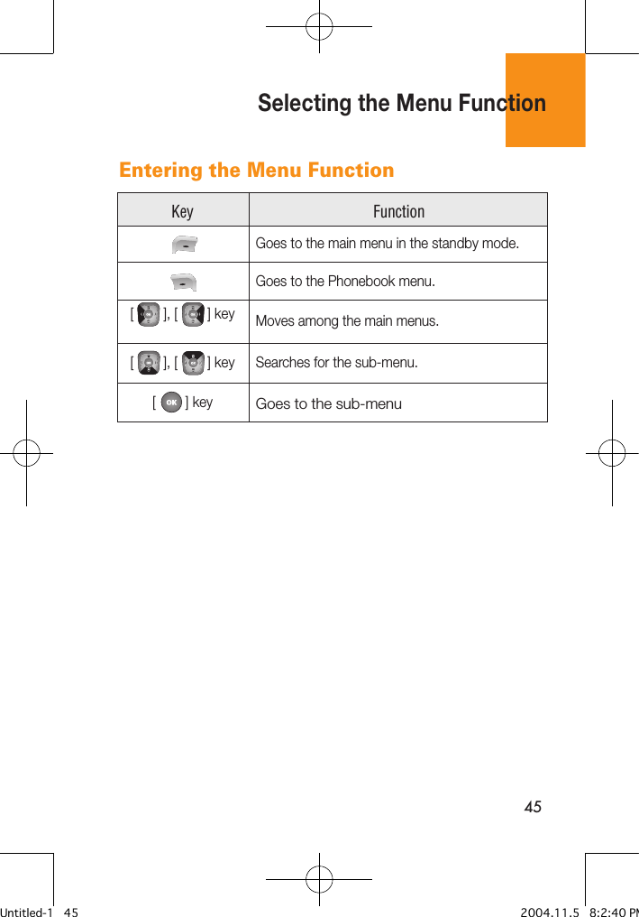 45Entering the Menu Function  Selecting the Menu FunctionKey FunctionGoes to the main menu in the standby mode.Goes to the Phonebook menu.Moves among the main menus.[        ], [        ] keySearches for the sub-menu.[        ], [        ] keyGoes to the sub-menu[        ] keyUntitled-1   45 2004.11.5   8:2:40 PM
