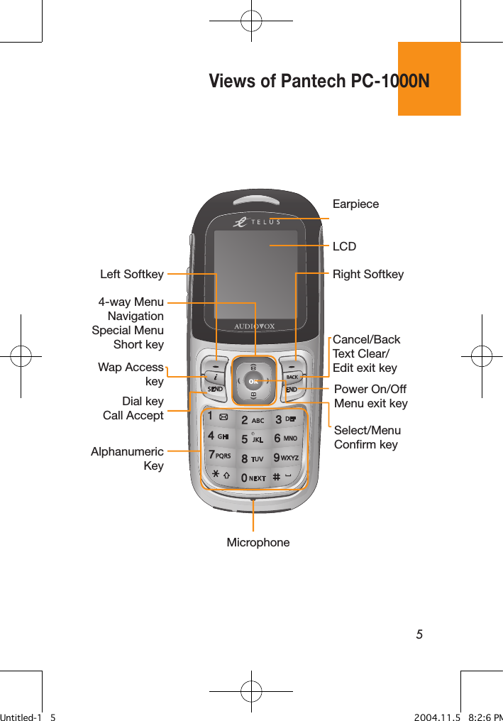 5Views of Pantech PC-1000NEarpieceLCDCancel/BackText Clear/Edit exit key4-way Menu NavigationSpecial Menu Short keyLeft SoftkeyWap Access keyDial keyCall AcceptRight SoftkeyAlphanumeric KeyMicrophonePower On/OffMenu exit keySelect/Menu Confirm keyUntitled-1   5 2004.11.5   8:2:6 PM