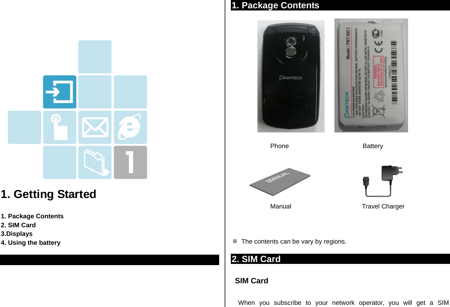    1. Getting Started  1. Package Contents 2. SIM Card 3.Displays  4. Using the battery     1. Package Contents                   Phone                       Battery     Manual                      Travel Charger    ※  The contents can be vary by regions.   2. SIM Card    SIM Card  When you subscribe to your network operator, you will get a SIM 