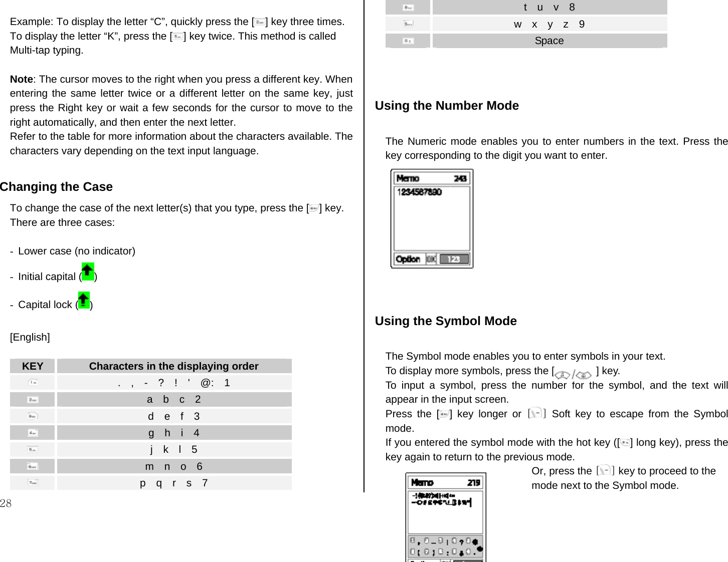  28  Example: To display the letter “C”, quickly press the [ ] key three times. To display the letter “K”, press the [ ] key twice. This method is called Multi-tap typing.  Note: The cursor moves to the right when you press a different key. When entering the same letter twice or a different letter on the same key, just press the Right key or wait a few seconds for the cursor to move to the right automatically, and then enter the next letter.   Refer to the table for more information about the characters available. The characters vary depending on the text input language.    Changing the Case To change the case of the next letter(s) that you type, press the [ ] key.   There are three cases:  -  Lower case (no indicator) -  Initial capital ( ) -  Capital lock ( )  [English]  KEY  Characters in the displaying order  .  ,  -  ?  !  &apos;  @:  1    a  b  c  2    d  e  f  3    g  h  i  4  j  k  l  5  m  n  o  6  p  q  r  s  7  t  u  v  8  w  x  y  z  9    Space     Using the Number Mode  The Numeric mode enables you to enter numbers in the text. Press the key corresponding to the digit you want to enter.    Using the Symbol Mode      The Symbol mode enables you to enter symbols in your text. To display more symbols, press the [                ] key. To input a symbol, press the number for the symbol, and the text will appear in the input screen. Press the [ ] key longer or [ ] Soft key to escape from the Symbol mode. If you entered the symbol mode with the hot key ([ ] long key), press the key again to return to the previous mode.   Or, press the [] key to proceed to the mode next to the Symbol mode. 
