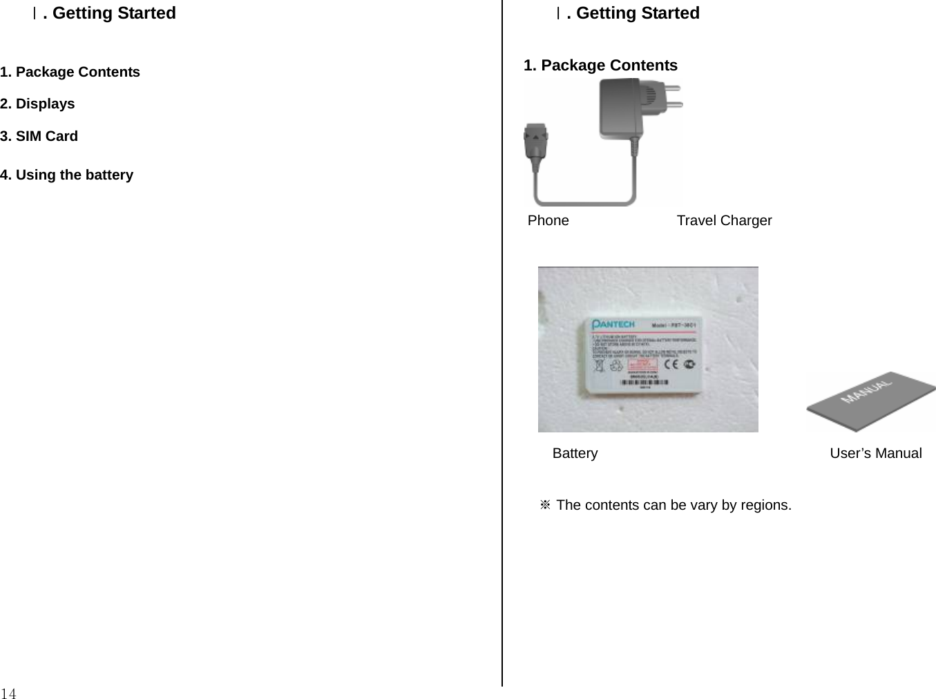  14 Ⅰ. Getting Started  1. Package Contents 2. Displays 3. SIM Card 4. Using the battery                    Ⅰ. Getting Started  1. Package Contents    Phone                           Travel Charger                 Battery                                                          User’s Manual  ※ The contents can be vary by regions.      