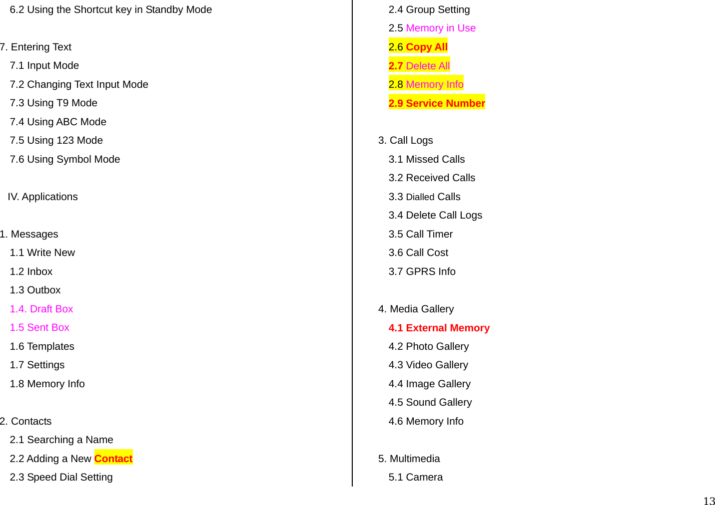  13 6.2 Using the Shortcut key in Standby Mode  7. Entering Text 7.1 Input Mode 7.2 Changing Text Input Mode 7.3 Using T9 Mode 7.4 Using ABC Mode 7.5 Using 123 Mode  7.6 Using Symbol Mode  IV. Applications  1. Messages 1.1 Write New 1.2 Inbox  1.3 Outbox 1.4. Draft Box 1.5 Sent Box 1.6 Templates 1.7 Settings 1.8 Memory Info   2. Contacts 2.1 Searching a Name 2.2 Adding a New Contact 2.3 Speed Dial Setting 2.4 Group Setting 2.5 Memory in Use 2.6 Copy All  2.7 Delete All 2.8 Memory Info  2.9 Service Number  3. Call Logs 3.1 Missed Calls 3.2 Received Calls 3.3 Dialled Calls  3.4 Delete Call Logs 3.5 Call Timer 3.6 Call Cost 3.7 GPRS Info  4. Media Gallery 4.1 External Memory 4.2 Photo Gallery 4.3 Video Gallery  4.4 Image Gallery 4.5 Sound Gallery 4.6 Memory Info  5. Multimedia 5.1 Camera 