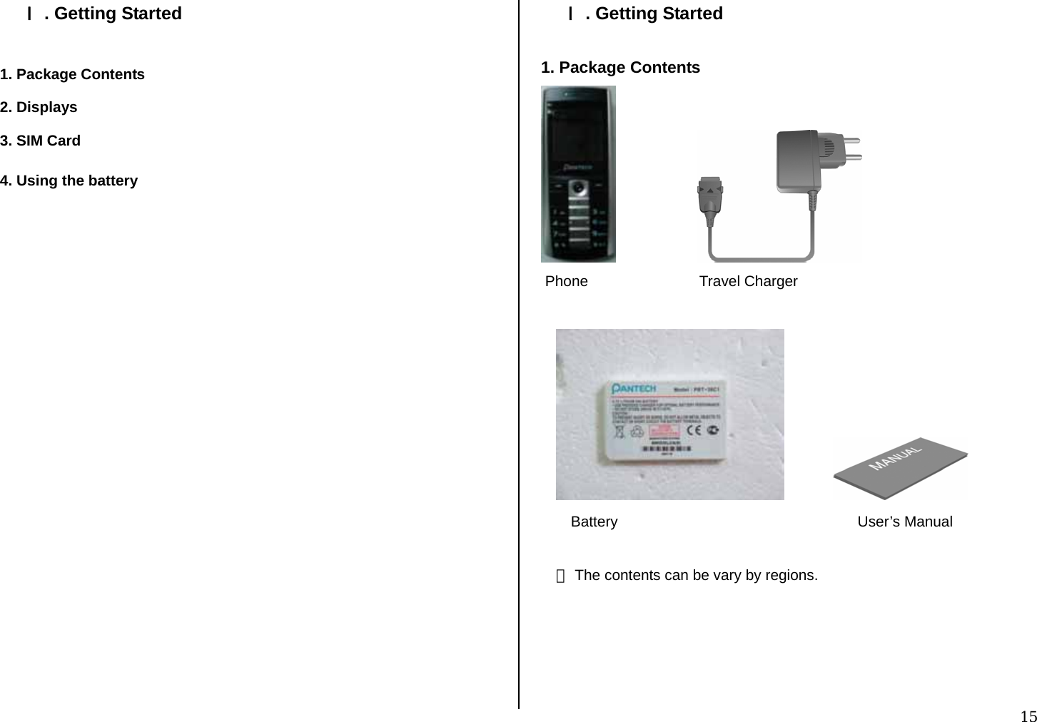  15 Ⅰ. Getting Started  1. Package Contents 2. Displays 3. SIM Card 4. Using the battery                    Ⅰ. Getting Started  1. Package Contents                         Phone                           Travel Charger                 Battery                                                          User’s Manual  ※ The contents can be vary by regions.     