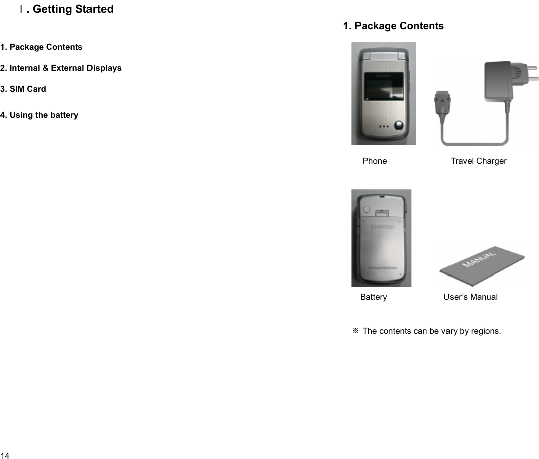  14 Ⅰ. Getting Started  1. Package Contents 2. Internal &amp; External Displays 3. SIM Card 4. Using the battery                     1. Package Contents             Phone                           Travel Charger                 Battery                        User’s Manual  ※ The contents can be vary by regions.      