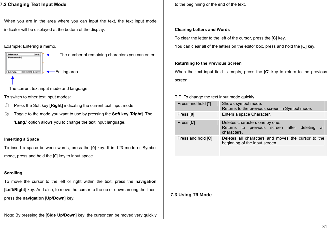  317.2 Changing Text Input Mode  When you are in the area where you can input the text, the text input mode indicator will be displayed at the bottom of the display.  Example: Entering a memo.    To switch to other text input modes: ①  Press the Soft key [Right] indicating the current text input mode. ②  Toggle to the mode you want to use by pressing the Soft key [Right]. The ‘Lang.’ option allows you to change the text input language.  Inserting a Space To insert a space between words, press the [0] key. If in 123 mode or Symbol mode, press and hold the [0] key to input space.  Scrolling To move the cursor to the left or right within the text, press the navigation [Left/Right] key. And also, to move the cursor to the up or down among the lines, press the navigation [Up/Down] key.  Note: By pressing the [Side Up/Down] key, the cursor can be moved very quickly to the beginning or the end of the text.   Clearing Letters and Words To clear the letter to the left of the cursor, press the [C] key.  You can clear all of the letters on the editor box, press and hold the [C] key.  Returning to the Previous Screen When the text input field is empty, press the [C] key to return to the previous screen.  TIP: To change the text input mode quickly Press and hold [*]   Shows symbol mode. Returns to the previous screen in Symbol mode. Press [0]  Enters a space Character. Press [C]   Deletes characters one by one.  Returns to previous screen after deleting all characters. Press and hold [C]   Deletes all characters and moves the cursor to the beginning of the input screen.     7.3 Using T9 Mode  The number of remaining characters you can enter. Editing area The current text input mode and language. 