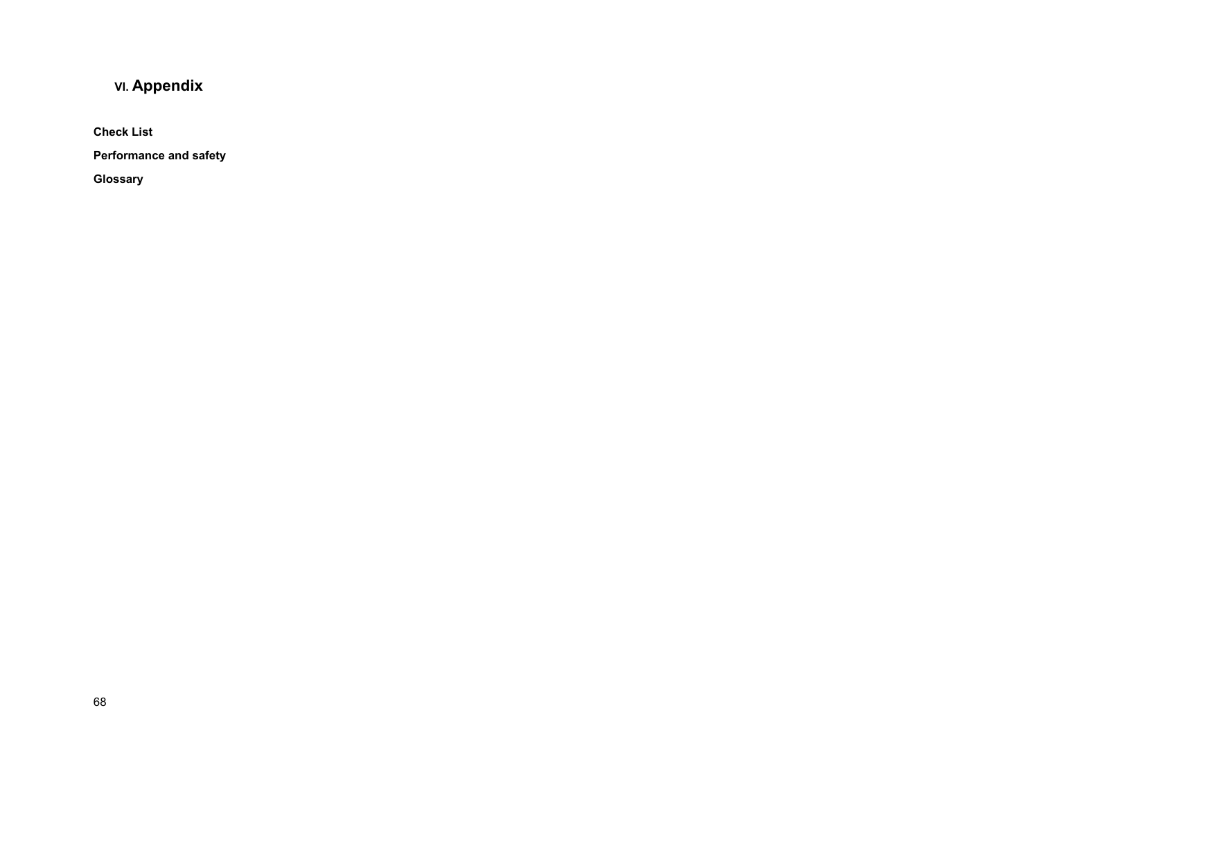  68 VI. Appendix   Check List Performance and safety  Glossary                       