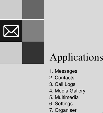 3Applications1. Messages2. Contacts3. Call Logs4. Media Gallery5. Multimedia6. Settings7. Organiser