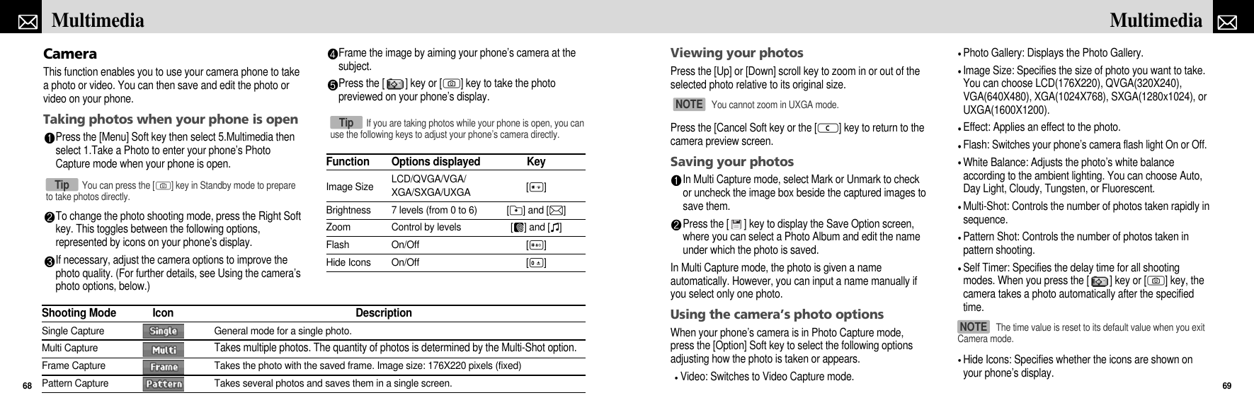 Viewing your photosPress the [Up] or [Down] scroll key to zoom in or out of theselected photo relative to its original size. Press the [Cancel Soft key or the [c] key to return to thecamera preview screen.Saving your photosIn Multi Capture mode, select Mark or Unmark to checkor uncheck the image box beside the captured images tosave them.Press the [ ] key to display the Save Option screen,where you can select a Photo Album and edit the nameunder which the photo is saved.In Multi Capture mode, the photo is given a nameautomatically. However, you can input a name manually ifyou select only one photo.Using the camera’s photo optionsWhen your phone’s camera is in Photo Capture mode,press the [Option] Soft key to select the following optionsadjusting how the photo is taken or appears.Video: Switches to Video Capture mode.Photo Gallery: Displays the Photo Gallery.Image Size: Specifies the size of photo you want to take.You can choose LCD(176X220), QVGA(320X240),VGA(640X480), XGA(1024X768), SXGA(1280x1024), orUXGA(1600X1200).Effect: Applies an effect to the photo.Flash: Switches your phone’s camera flash light On or Off.White Balance: Adjusts the photo’s white balanceaccording to the ambient lighting. You can choose Auto,Day Light, Cloudy, Tungsten, or Fluorescent.Multi-Shot: Controls the number of photos taken rapidly insequence.Pattern Shot: Controls the number of photos taken inpattern shooting.Self Timer: Specifies the delay time for all shootingmodes. When you press the [ ] key or [C] key, thecamera takes a photo automatically after the specifiedtime.Hide Icons: Specifies whether the icons are shown onyour phone’s display. 69MultimediaCameraThis function enables you to use your camera phone to takea photo or video. You can then save and edit the photo orvideo on your phone.Taking photos when your phone is openPress the [Menu] Soft key then select 5.Multimedia thenselect 1.Take a Photo to enter your phone’s PhotoCapture mode when your phone is open.To change the photo shooting mode, press the Right Softkey. This toggles between the following options,represented by icons on your phone’s display.If necessary, adjust the camera options to improve thephoto quality. (For further details, see Using the camera’sphoto options, below.)Frame the image by aiming your phone’s camera at thesubject.Press the [ ] key or [C] key to take the photopreviewed on your phone’s display.Multimedia68The time value is reset to its default value when you exitCamera mode.NOTE Shooting Mode Icon DescriptionSingle Capture General mode for a single photo.Multi CaptureTakes multiple photos. The quantity of photos is determined by the Multi-Shot option.Frame Capture Takes the photo with the saved frame. Image size: 176X220 pixels (fixed)Pattern Capture Takes several photos and saves them in a single screen.If you are taking photos while your phone is open, you canuse the following keys to adjust your phone’s camera directly.TipFunction Options displayed KeyImage Size LCD/QVGA/VGA/ [*]XGA/SXGA/UXGA           Brightness 7 levels (from 0 to 6) [K] and [L]Zoom Control by levels  [F] and [I]Flash On/Off [#]Hide Icons On/Off [0]You cannot zoom in UXGA mode.NOTE You can press the [C] key in Standby mode to prepareto take photos directly.Tip