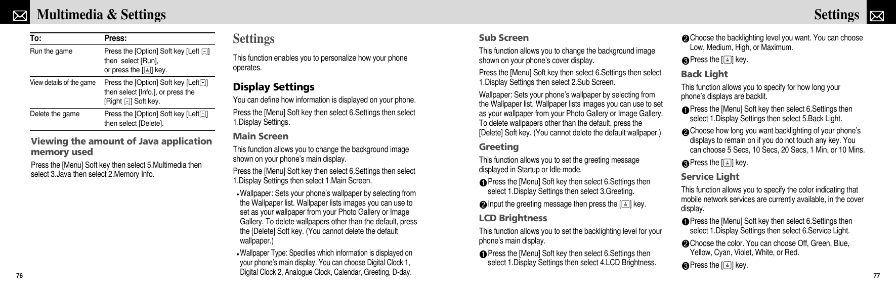 Sub ScreenThis function allows you to change the background imageshown on your phone’s cover display.Press the [Menu] Soft key then select 6.Settings then select1.Display Settings then select 2.Sub Screen.Wallpaper: Sets your phone’s wallpaper by selecting fromthe Wallpaper list. Wallpaper lists images you can use to setas your wallpaper from your Photo Gallery or Image Gallery.To delete wallpapers other than the default, press the[Delete] Soft key. (You cannot delete the default wallpaper.)GreetingThis function allows you to set the greeting messagedisplayed in Startup or Idle mode.Press the [Menu] Soft key then select 6.Settings thenselect 1.Display Settings then select 3.Greeting.Input the greeting message then press the [O] key.LCD BrightnessThis function allows you to set the backlighting level for yourphone’s main display.Press the [Menu] Soft key then select 6.Settings thenselect 1.Display Settings then select 4.LCD Brightness.Choose the backlighting level you want. You can chooseLow, Medium, High, or Maximum.Press the [O] key.Back LightThis function allows you to specify for how long yourphone’s displays are backlit. Press the [Menu] Soft key then select 6.Settings thenselect 1.Display Settings then select 5.Back Light.Choose how long you want backlighting of your phone’sdisplays to remain on if you do not touch any key. Youcan choose 5 Secs, 10 Secs, 20 Secs, 1 Min, or 10 Mins.Press the [O] key.Service LightThis function allows you to specify the color indicating thatmobile network services are currently available, in the coverdisplay.Press the [Menu] Soft key then select 6.Settings thenselect 1.Display Settings then select 6.Service Light.Choose the color. You can choose Off, Green, Blue,Yellow, Cyan, Violet, White, or Red.Press the [O] key.77SettingsViewing the amount of Java applicationmemory usedPress the [Menu] Soft key then select 5.Multimedia thenselect 3.Java then select 2.Memory Info.SettingsThis function enables you to personalize how your phoneoperates.Display SettingsYou can define how information is displayed on your phone.Press the [Menu] Soft key then select 6.Settings then select1.Display Settings.Main ScreenThis function allows you to change the background imageshown on your phone’s main display.Press the [Menu] Soft key then select 6.Settings then select1.Display Settings then select 1.Main Screen.Wallpaper: Sets your phone’s wallpaper by selecting fromthe Wallpaper list. Wallpaper lists images you can use toset as your wallpaper from your Photo Gallery or ImageGallery. To delete wallpapers other than the default, pressthe [Delete] Soft key. (You cannot delete the defaultwallpaper.)Wallpaper Type: Specifies which information is displayed onyour phone’s main display. You can choose Digital Clock 1,Digital Clock 2, Analogue Clock, Calendar, Greeting, D-day.Multimedia &amp; Settings76To: Press:Run the game Press the [Option] Soft key [Left N] then  select [Run],                             or press the [O] key.View details of the gamePress the [Option] Soft key [LeftN] then select [Info.], or press the [Right N] Soft key.Delete the game Press the [Option] Soft key [LeftN] then select [Delete].