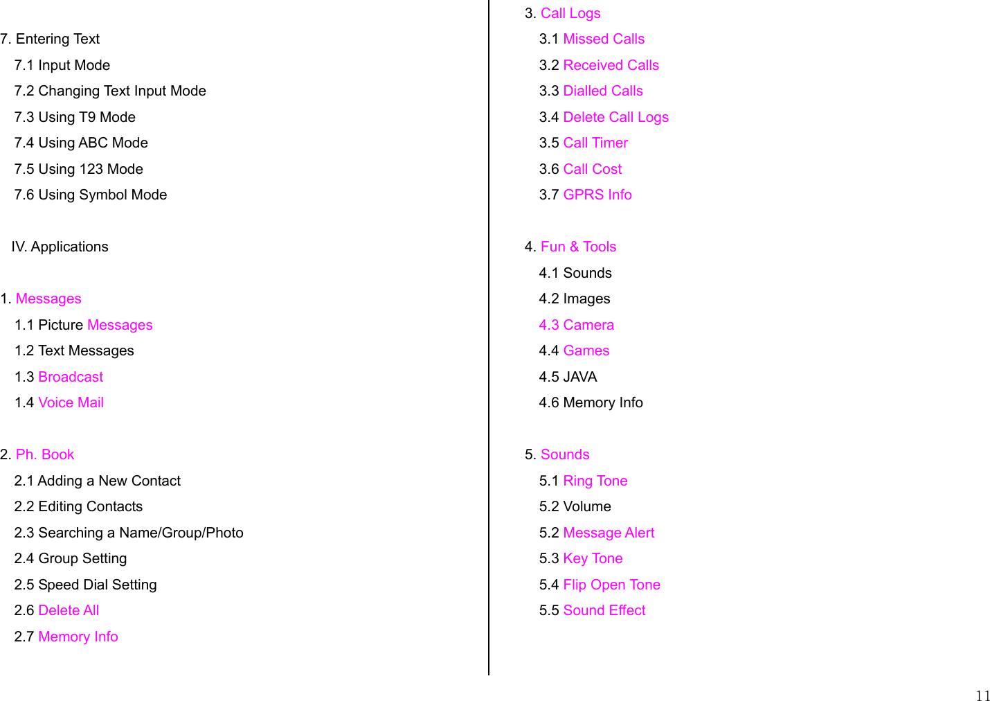  11  7. Entering Text 7.1 Input Mode 7.2 Changing Text Input Mode 7.3 Using T9 Mode 7.4 Using ABC Mode 7.5 Using 123 Mode  7.6 Using Symbol Mode  IV. Applications  1. Messages 1.1 Picture Messages 1.2 Text Messages  1.3 Broadcast 1.4 Voice Mail   2. Ph. Book 2.1 Adding a New Contact 2.2 Editing Contacts 2.3 Searching a Name/Group/Photo 2.4 Group Setting 2.5 Speed Dial Setting 2.6 Delete All 2.7 Memory Info   3. Call Logs 3.1 Missed Calls 3.2 Received Calls 3.3 Dialled Calls  3.4 Delete Call Logs 3.5 Call Timer 3.6 Call Cost 3.7 GPRS Info  4. Fun &amp; Tools 4.1 Sounds 4.2 Images  4.3 Camera 4.4 Games 4.5 JAVA 4.6 Memory Info  5. Sounds 5.1 Ring Tone 5.2 Volume 5.2 Message Alert 5.3 Key Tone 5.4 Flip Open Tone 5.5 Sound Effect    