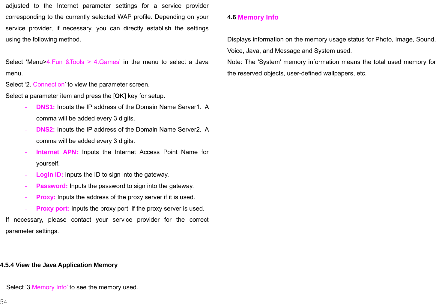  54 adjusted to the Internet parameter settings for a service provider corresponding to the currently selected WAP profile. Depending on your service provider, if necessary, you can directly establish the settings using the following method.   Select ‘Menu&gt;4.Fun &amp;Tools &gt; 4.Games’ in the menu to select a Java menu. Select ‘2. Connection’ to view the parameter screen.  Select a parameter item and press the [OK] key for setup. - DNS1: Inputs the IP address of the Domain Name Server1.  A comma will be added every 3 digits. - DNS2: Inputs the IP address of the Domain Name Server2.  A comma will be added every 3 digits. - Internet APN: Inputs the Internet Access Point Name for yourself. - Login ID: Inputs the ID to sign into the gateway. - Password: Inputs the password to sign into the gateway. - Proxy: Inputs the address of the proxy server if it is used. - Proxy port: Inputs the proxy port  if the proxy server is used. If necessary, please contact your service provider for the correct parameter settings.     4.5.4 View the Java Application Memory  Select ‘3.Memory Info’ to see the memory used.   4.6 Memory Info  Displays information on the memory usage status for Photo, Image, Sound, Voice, Java, and Message and System used. Note: The &apos;System&apos; memory information means the total used memory for the reserved objects, user-defined wallpapers, etc.   
