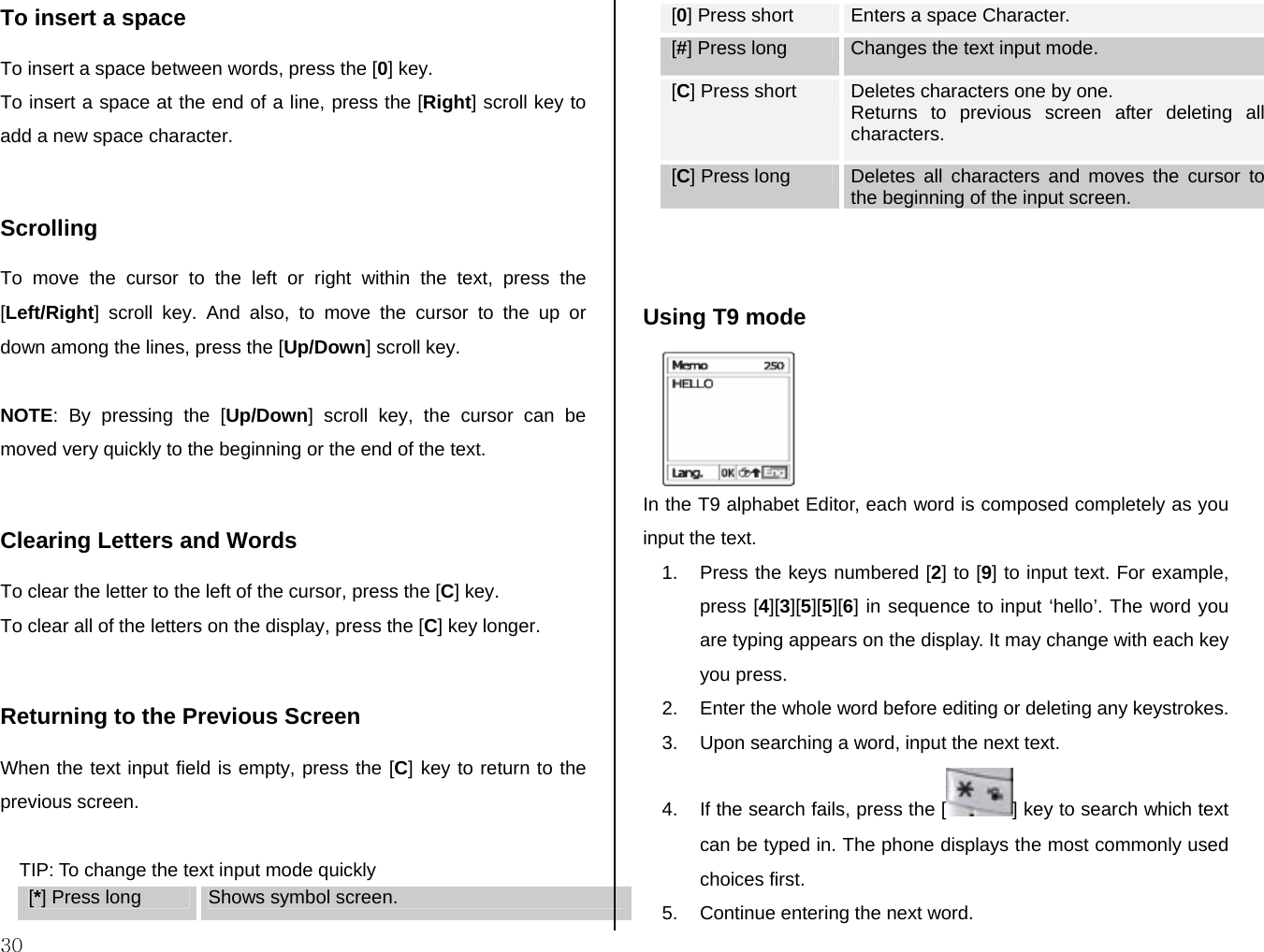  30 To insert a space To insert a space between words, press the [0] key. To insert a space at the end of a line, press the [Right] scroll key to add a new space character.  Scrolling To move the cursor to the left or right within the text, press the [Left/Right] scroll key. And also, to move the cursor to the up or down among the lines, press the [Up/Down] scroll key.  NOTE: By pressing the [Up/Down] scroll key, the cursor can be moved very quickly to the beginning or the end of the text.  Clearing Letters and Words To clear the letter to the left of the cursor, press the [C] key.  To clear all of the letters on the display, press the [C] key longer.  Returning to the Previous Screen When the text input field is empty, press the [C] key to return to the previous screen.   TIP: To change the text input mode quickly [*] Press long  Shows symbol screen. [0] Press short  Enters a space Character. [#] Press long  Changes the text input mode. [C] Press short  Deletes characters one by one.  Returns to previous screen after deleting all characters. [C] Press long  Deletes all characters and moves the cursor to the beginning of the input screen.   Using T9 mode  In the T9 alphabet Editor, each word is composed completely as you input the text. 1.  Press the keys numbered [2] to [9] to input text. For example, press [4][3][5][5][6] in sequence to input ‘hello’. The word you are typing appears on the display. It may change with each key you press. 2.  Enter the whole word before editing or deleting any keystrokes. 3.  Upon searching a word, input the next text. 4.  If the search fails, press the [ ] key to search which text can be typed in. The phone displays the most commonly used choices first. 5.  Continue entering the next word. 