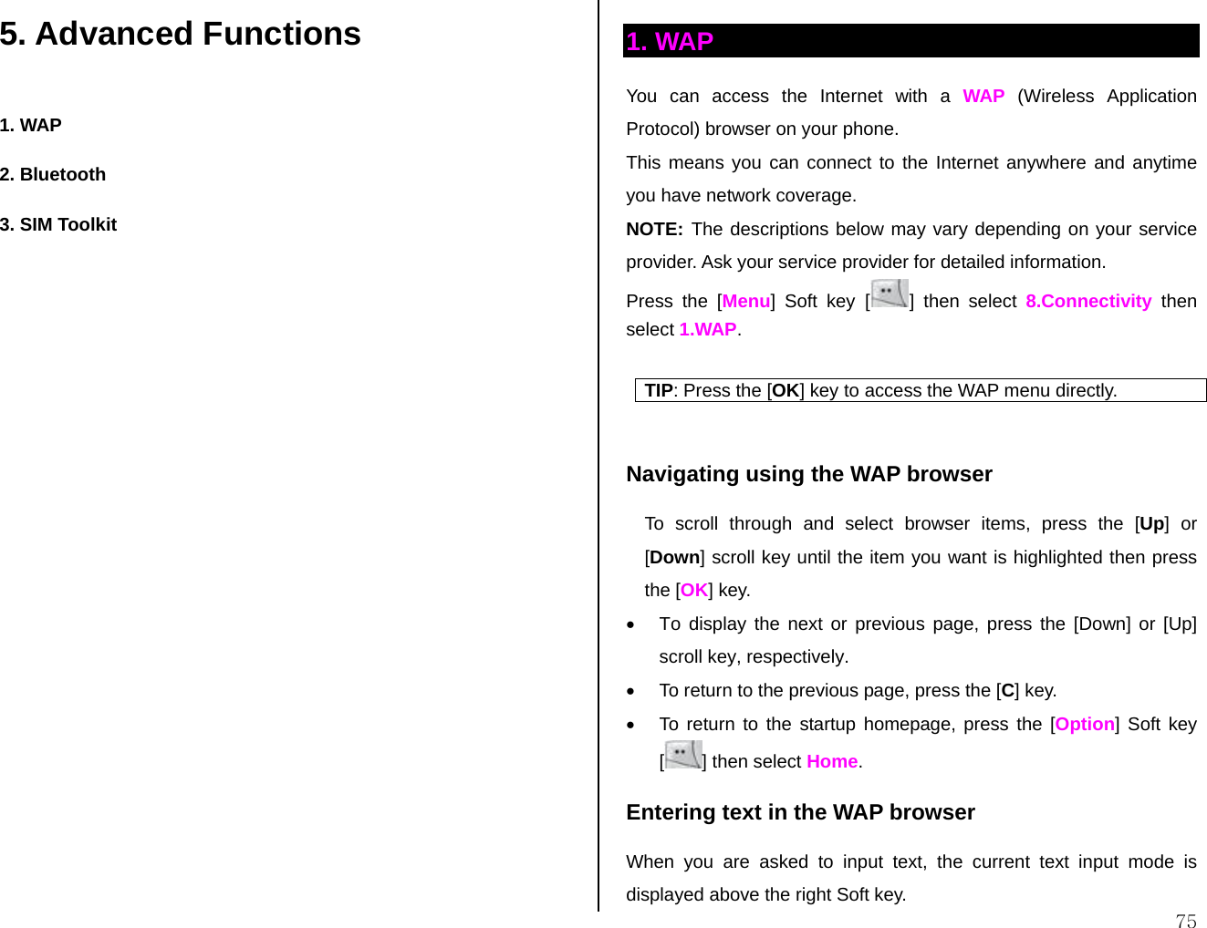  755. Advanced Functions 1. WAP 2. Bluetooth 3. SIM Toolkit  1. WAP You can access the Internet with a WAP (Wireless Application Protocol) browser on your phone.  This means you can connect to the Internet anywhere and anytime you have network coverage.  NOTE: The descriptions below may vary depending on your service provider. Ask your service provider for detailed information. Press the [Menu] Soft key [] then select 8.Connectivity then select 1.WAP.  TIP: Press the [OK] key to access the WAP menu directly.   Navigating using the WAP browser To scroll through and select browser items, press the [Up] or [Down] scroll key until the item you want is highlighted then press the [OK] key. •  To display the next or previous page, press the [Down] or [Up] scroll key, respectively. •  To return to the previous page, press the [C] key. •  To return to the startup homepage, press the [Option] Soft key [] then select Home. Entering text in the WAP browser When you are asked to input text, the current text input mode is displayed above the right Soft key. 