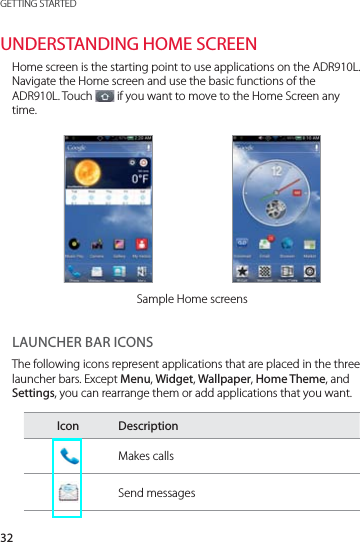 32GETTING STARTEDUNDERSTANDING HOME SCREENHome screen is the starting point to use applications on the ADR910L. Navigate the Home screen and use the basic functions of the ADR910L. Touch   if you want to move to the Home Screen any time.Sample Home screensLAUNCHER BAR ICONS The following icons represent applications that are placed in the three  launcher bars. Except Menu, Widget, Wallpaper, Home Theme, and Settings, you can rearrange them or add applications that you want.Icon Description Makes callsSend messages