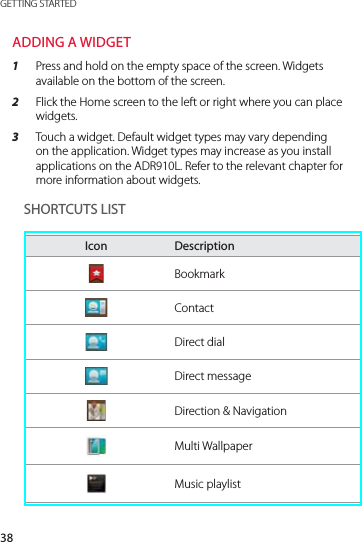 38GETTING STARTEDADDING A WIDGET1  Press and hold on the empty space of the screen. Widgets available on the bottom of the screen.2  Flick the Home screen to the left or right where you can place widgets.3  Touch a widget. Default widget types may vary depending on the application. Widget types may increase as you install applications on the ADR910L. Refer to the relevant chapter for more information about widgets.SHORTCUTS LISTIcon Description BookmarkContactDirect dialDirect messageDirection &amp; NavigationMulti WallpaperMusic playlist