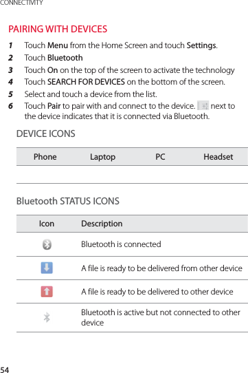54CONNECTIVITYPAIRING WITH DEVICES1  Touch Menu from the Home Screen and touch Settings.2  Touch Bluetooth 3  Touch On on the top of the screen to activate the technology4  Touch SEARCH FOR DEVICES on the bottom of the screen.5  Select and touch a device from the list.6  Touch Pair to pair with and connect to the device.   next to the device indicates that it is connected via Bluetooth. DEVICE ICONSPhone Laptop PC HeadsetBluetooth STATUS ICONSIcon DescriptionBluetooth is connectedA file is ready to be delivered from other deviceA file is ready to be delivered to other deviceBluetooth is active but not connected to other device