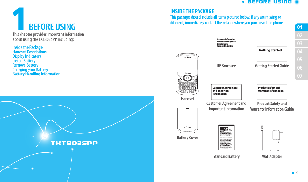 TXT8035PP9 020304050607011This chapter provides important information  about using the TXT8035PP including:BEFORE USINGInside the PackageHandset DescriptionsDisplay IndicatorsInstall BatteryRemove BatteryCharging your BatteryBattery Handling InformationINSIDE THE PACKAGEThis package should include all items pictured below. If any are missing or dierent, immediately contact the retailer where you purchased the phone.Battery CoverHandsetStandard BatteryGetting Started GuideGetting StartedProduct Safety andWarranty InformationProduct Safety and  Warranty Information GuideCustomer Agreement and Important InformationCustomer Agreementand Important InformationWall AdapterRF BrochureConsumer Information About Radio Frequency Emissions and  Responsible Driving