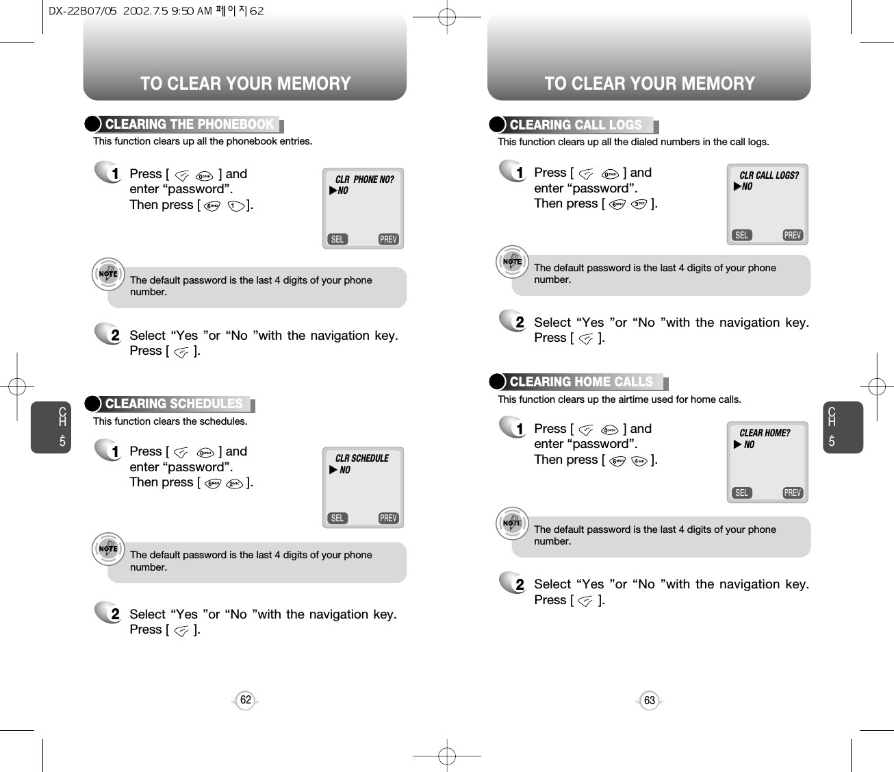 TO CLEAR YOUR MEMORY TO CLEAR YOUR MEMORYCH.5This function clears up all the phonebook entries.CLEARING THE PHONEBOOK1Press [              ] and enter “password”.Then press [             ].2Select “Yes ”or “No ”with the navigation key.Press [       ].e.g.!The default password is the last 4 digits of your phonenumber.This function clears the schedules.CLEARING SCHEDULES 1Press [              ] and enter “password”.Then press [             ].2Select “Yes ”or “No ”with the navigation key.Press [       ].e.g.!The default password is the last 4 digits of your phonenumber.63CH.562This function clears up all the dialed numbers in the call logs.CLEARING CALL LOGS1Press [              ] and enter “password”.Then press [             ].2Select “Yes ”or “No ”with the navigation key.Press [       ].e.g.!The default password is the last 4 digits of your phonenumber.This function clears up the airtime used for home calls.CLEARING HOME CALLS1Press [              ] and enter “password”.Then press [             ].2Select “Yes ”or “No ”with the navigation key.Press [       ].e.g.!The default password is the last 4 digits of your phonenumber.PREVSELCLR  PHONE NO?uuNOPREVSELCLR SCHEDULEuuNOPREVSELCLR CALL LOGS?uuNOPREVSELCLEAR HOME?uuNO