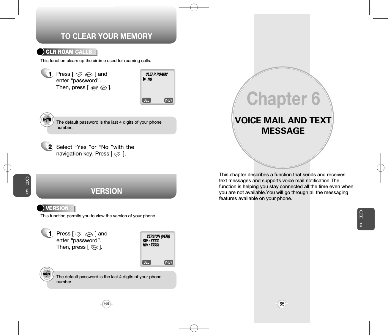 TO CLEAR YOUR MEMORYVOICE MAIL AND TEXTMESSAGEThis chapter describes a function that sends and receivestext messages and supports voice mail notification.Thefunction is helping you stay connected all the time even whenyou are not available.You will go through all the messagingfeatures available on your phone.Chapter 6CH.665CH.564This function clears up the airtime used for roaming calls.1Press [              ] and enter “password”.Then, press [             ].2Select “Yes ”or “No ”with thenavigation key. Press [       ].e.g.!The default password is the last 4 digits of your phonenumber.This function permits you to view the version of your phone.VERSIONCLR ROAM CALLS1Press [              ] and enter “password”.Then, press [       ].e.g.!The default password is the last 4 digits of your phonenumber.PREVSELCLEAR ROAM?uuNOPREVSELVERSION (VERI)SW : XXXXHW : XXXXVERSION