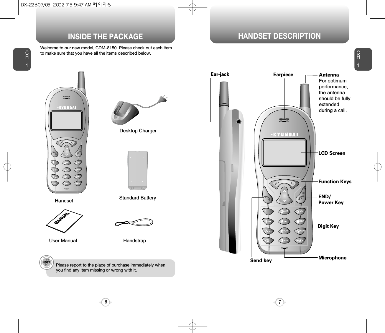 HANDSET DESCRIPTIONCH.1Welcome to our new model, CDM-8150. Please check out each itemto make sure that you have all the items described below.7INSIDE THE PACKAGECH.16HandstrapUser ManualDesktop ChargerHandset Standard Batterye.g.!Please report to the place of purchase immediately whenyou find any item missing or wrong with it.AntennaFor optimum performance,the antennashould be fullyextendedduring a call.EarpieceEar-jackLCD ScreenFunction KeysDigit KeySend keyEND/Power KeyMicrophone