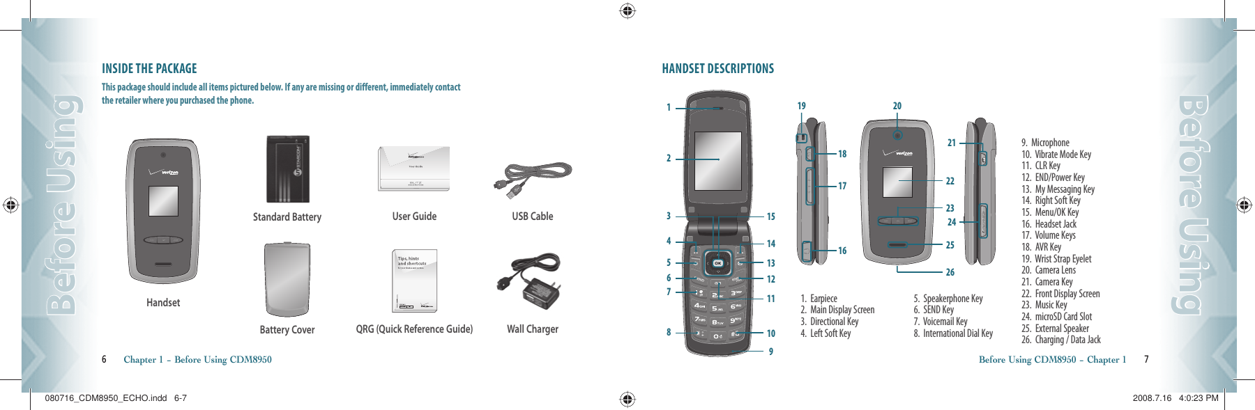 INSIDE THE PACKAGEThis package should include all items pictured below. If any are missing or different, immediately contact        the retailer where you purchased the phone.6       Chapter 1 − Before Using CDM8950Before UsingBefore UsingHANDSET DESCRIPTIONSBefore Using CDM8950 − Chapter 1       7Before UsingBefore UsingHandsetWall ChargerUser Guide1.  Earpiece2.  Main Display Screen3.  Directional Key4.  Left Soft Key5.  Speakerphone Key6.  SEND Key7.  Voicemail Key8.  International Dial Key9.  Microphone10.  Vibrate Mode Key11.  CLR Key12.  END/Power Key13.  My Messaging Key14.  Right Soft Key15.  Menu/OK Key16.  Headset Jack17.  Volume Keys18.  AVR Key19.  Wrist Strap Eyelet20.  Camera Lens21.  Camera Key22.  Front Display Screen23.  Music Key24.  microSD Card Slot25.  External Speaker26.  Charging / Data Jack1817162225262321242019131211109141512435678USB CableQRG (Quick Reference Guide)Battery CoverStandard Battery080716_CDM8950_ECHO.indd   6-7080716_CDM8950_ECHO.indd   6-7 2008.7.16   4:0:23 PM2008.7.16   4:0:23 PM