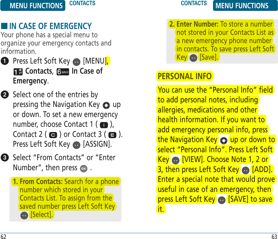 HIN CASE OF EMERGENCYYour phone has a special menu to organize your emergency contacts and information.    Press Left Soft Key   [MENU],  Contacts,   In Case of Emergency.   Select one of the entries by pressing the Navigation Key   up or down. To set a new emergency number, choose Contact 1 (   ), Contact 2 (   ) or Contact 3 (   ). Press Left Soft Key   [ASSIGN].   Select “From Contacts” or “Enter Number”, then press   .1.  From Contacts: Search for a phone number which stored in your Contacts List. To assign from the saved number press Left Soft Key  [Select].PERSONAL INFOYou can use the “Personal Info” field to add personal notes, including allergies, medications and other health information. If you want to add emergency personal info, press the Navigation Key   up or down to select “Personal Info“. Press Left Soft Key   [VIEW]. Choose Note 1, 2 or 3, then press Left Soft Key   [ADD]. Enter a special note that would prove useful in case of an emergency, then press Left Soft Key   [SAVE] to save it. MENU FUNCTIONS CONTACTS CONTACTS MENU FUNCTIONS62 632.  Enter Number: To store a number not stored in your Contacts List as a new emergency phone number in contacts. To save press Left Soft Key   [Save].