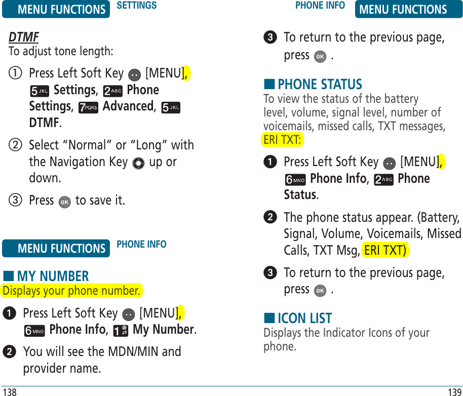 DTMFTo adjust tone length:   Press Left Soft Key   [MENU],  Settings,   Phone Settings,   Advanced,   DTMF.    Select “Normal” or “Long” with the Navigation Key   up or down.  Press   to save it.   To return to the previous page, press   .HPHONE STATUSTo view the status of the battery level, volume, signal level, number of voicemails, missed calls, TXT messages, ERI TXT:   Press Left Soft Key   [MENU],  Phone Info,   Phone Status.    The phone status appear. (Battery, Signal, Volume, Voicemails, Missed Calls, TXT Msg, ERI TXT)   To return to the previous page, press   .HICON LISTDisplays the Indicator Icons of your phone.MENU FUNCTIONS SETTINGS PHONE INFO MENU FUNCTIONS138 139HMY NUMBERDisplays your phone number.   Press Left Soft Key   [MENU],  Phone Info,   My Number.   You will see the MDN/MIN and provider name.MENU FUNCTIONS PHONE INFO