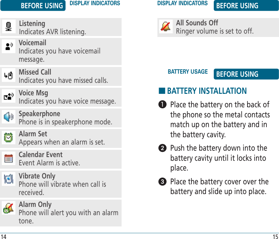 14 15Voice MsgIndicates you have voice message.Missed CallIndicates you have missed calls.VoicemailIndicates you have voicemail message.Alarm OnlyPhone will alert you with an alarm tone.All Sounds OffRinger volume is set to off.Vibrate OnlyPhone will vibrate when call is received.Calendar EventEvent Alarm is active.SpeakerphonePhone is in speakerphone mode.Alarm SetAppears when an alarm is set.BEFORE USING DISPLAY INDICATORSHBATTERY INSTALLATION   Place the battery on the back of the phone so the metal contacts match up on the battery and in the battery cavity.   Push the battery down into the battery cavity until it locks into place.   Place the battery cover over the battery and slide up into place.BATTERY USAGE BEFORE USINGListeningIndicates AVR listening.DISPLAY INDICATORS BEFORE USING