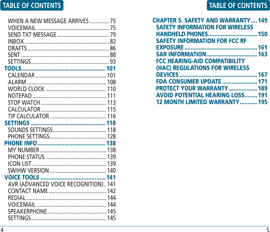 4 5TABLE OF CONTENTS TABLE OF CONTENTSWHEN A NEW MESSAGE ARRIVES .............. 75VOICEMAIL .................................................. 75SEND TXT MESSAGE .................................... 79INBOX ........................................................... 82DRAFTS ......................................................... 86SENT ............................................................. 88SETTINGS ...................................................... 93 TOOLS ..................................................... 101CALENDAR ................................................. 101ALARM ....................................................... 108WORLD CLOCK .......................................... 110NOTEPAD ................................................... 111STOP WATCH ............................................. 113CALCULATOR ............................................. 115TIP CALCULATOR ....................................... 116SETTINGS ...............................................118SOUNDS SETTINGS ..................................... 118PHONE SETTINGS ....................................... 128PHONE INFO ...........................................138MY NUMBER .............................................. 138PHONE STATUS .......................................... 139ICON LIST ................................................... 139SW/HW VERSION ....................................... 140VOICE TOOLS .........................................141AVR (ADVANCED VOICE RECOGNITION) .. 141CONTACT NAME ........................................ 142REDIAL ....................................................... 144VOICEMAIL ................................................ 144SPEAKERPHONE ......................................... 145SETTINGS .................................................... 145CHAPTER 5. SAFETY AND WARRANTY ....149SAFETY INFORMATION FOR WIRELESSHANDHELD PHONES ............................... 150SAFETY INFORMATION FOR FCC RF EXPOSURE ..............................................161SAR INFORMATION ................................ 163FCC HEARING-AID COMPATIBILITY       (HAC) REGULATIONS FOR WIRELESS DEVICES .................................................167FDA CONSUMER UPDATE ......................171PROTECT YOUR WARRANTY ..................189AVOID POTENTIAL HEARING LOSS. ....... 19112 MONTH LIMITED WARRANTY ...........195