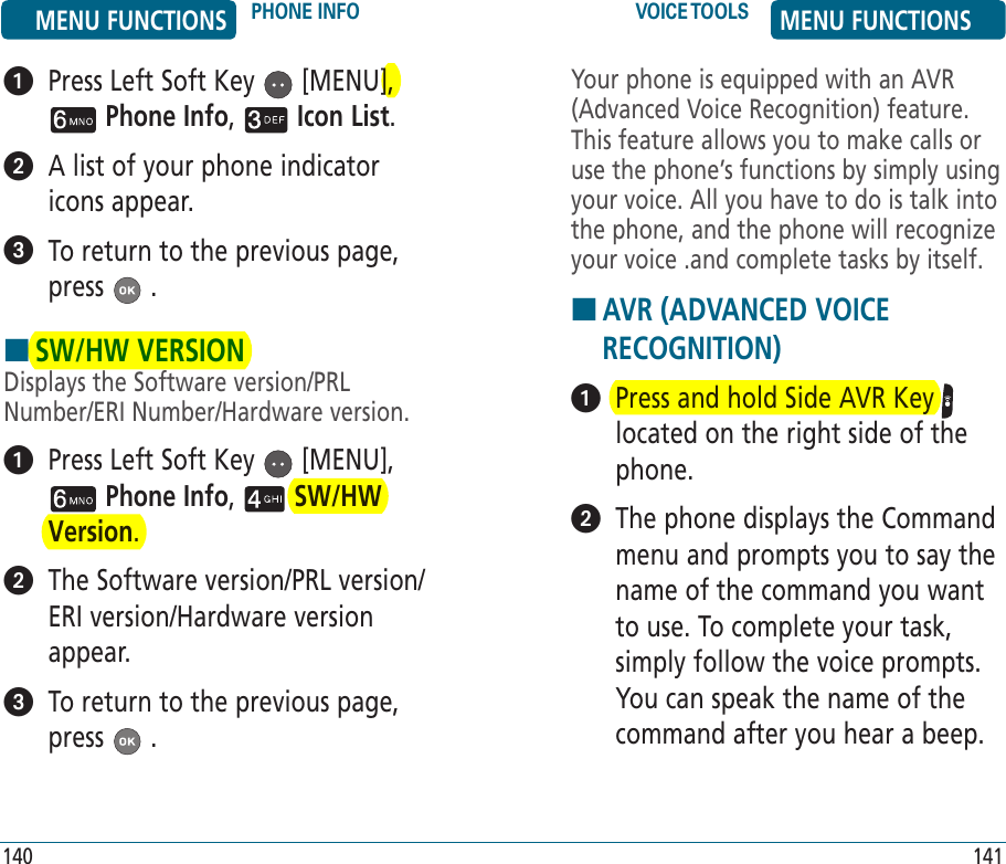    Press Left Soft Key   [MENU],  Phone Info,   Icon List.    A list of your phone indicator icons appear.   To return to the previous page, press   .HSW/HW VERSIONDisplays the Software version/PRL Number/ERI Number/Hardware version.   Press Left Soft Key   [MENU],  Phone Info,   SW/HW Version.   The Software version/PRL version/ERI version/Hardware version appear.   To return to the previous page, press   .Your phone is equipped with an AVR (Advanced Voice Recognition) feature. This feature allows you to make calls or use the phone’s functions by simply using your voice. All you have to do is talk into the phone, and the phone will recognize your voice .and complete tasks by itself.H �AVR (ADVANCED VOICE RECOGNITION)   Press and hold Side AVR Key   located on the right side of the phone.   The phone displays the Command menu and prompts you to say the name of the command you want to use. To complete your task, simply follow the voice prompts. You can speak the name of the command after you hear a beep.MENU FUNCTIONS PHONE INFO VOICE TOOLS MENU FUNCTIONS140 141