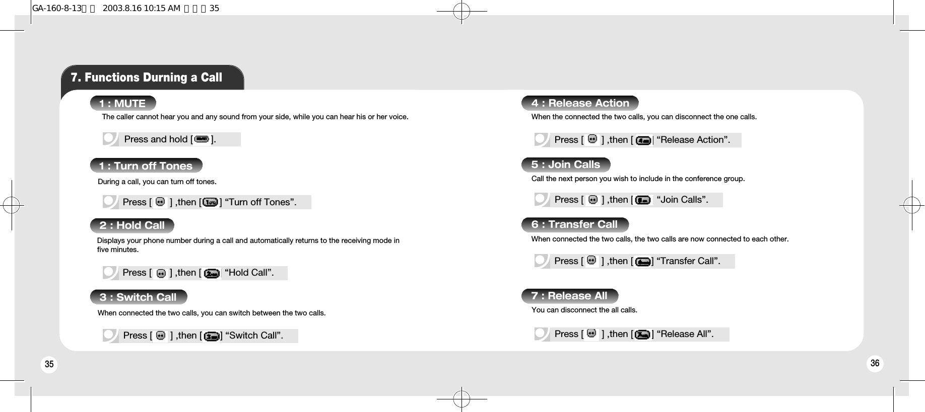 36357. Functions Durning a Call1 : MUTE1 : Turn off Tones2 : Hold Call3 : Switch CallPress and hold [       ].Press [       ] ,then [       ] “Turn off Tones”.Press [       ] ,then [       ] “Hold Call”.Press [       ] ,then [       ] “Switch Call”.4 : Release ActionPress [       ] ,then [       ] “Release Action”.5 : Join CallsPress [       ] ,then [       ] “Join Calls”.6 : Transfer CallPress [       ] ,then [       ] “Transfer Call”.7 : Release AllPress [       ] ,then [       ] “Release All”.When connected the two calls, you can switch between the two calls.Displays your phone number during a call and automatically returns to the receiving mode infive minutes.During a call, you can turn off tones.The caller cannot hear you and any sound from your side, while you can hear his or her voice.You can disconnect the all calls.When connected the two calls, the two calls are now connected to each other.Call the next person you wish to include in the conference group.When the connected the two calls, you can disconnect the one calls.GA-160-8-13영문  2003.8.16 10:15 AM  페이지35