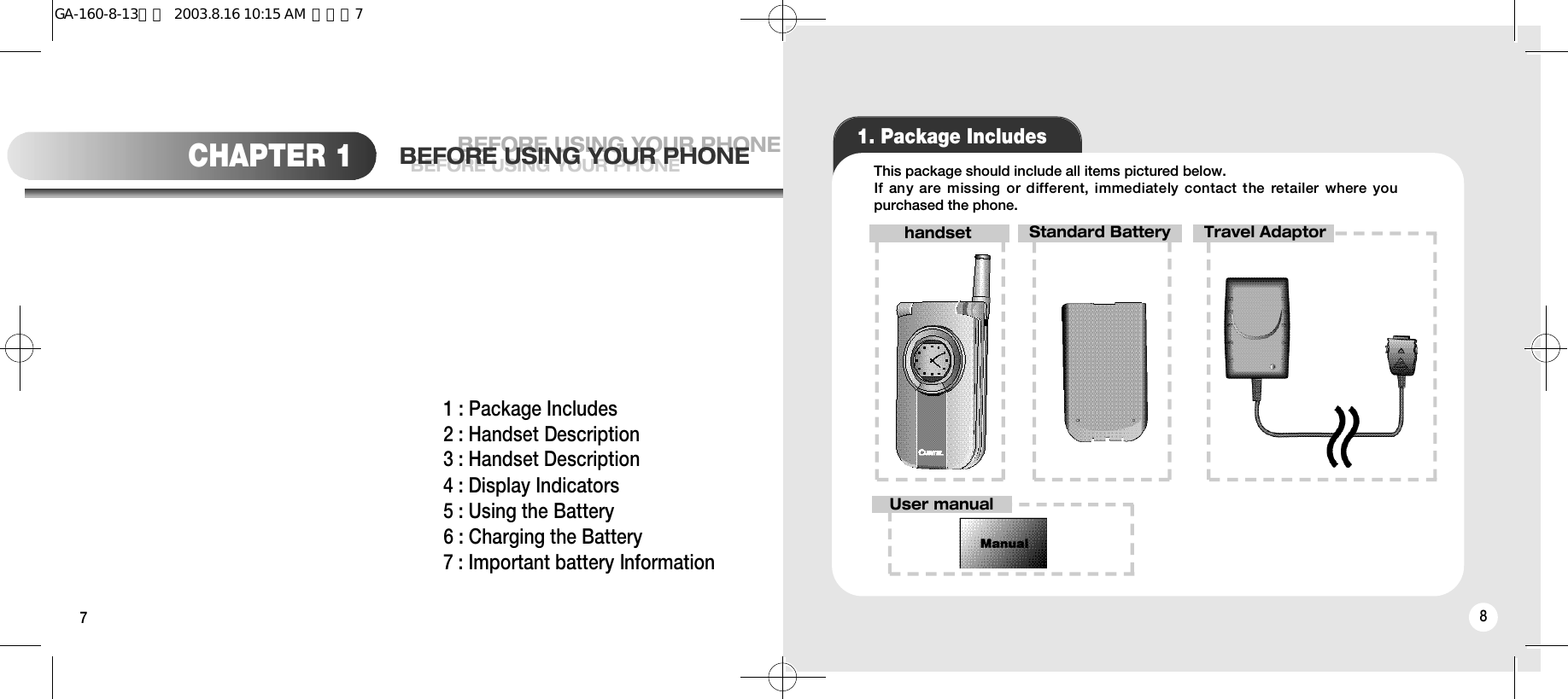 781. Package IncludesThis package should include all items pictured below. If any are  missing or different, immediately contact the  retailer  where youpurchased the phone.handset Standard Battery Travel AdaptorUser manualCHAPTER 1 BEFORE USING YOUR PHONEBEFORE USING YOUR PHONEBEFORE USING YOUR PHONE1 : Package Includes2 : Handset Description3 : Handset Description4 : Display Indicators5 : Using the Battery6 : Charging the Battery7 : Important battery InformationGA-160-8-13영문  2003.8.16 10:15 AM  페이지7