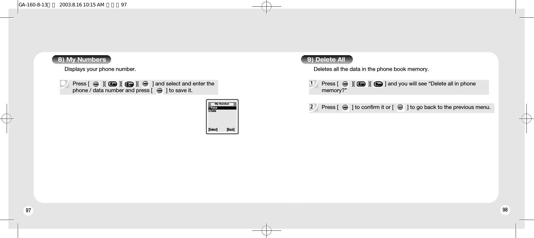 97 988) My NumbersPress [         ][         ][         ][         ] and select and enter the phone / data number and press [         ] to save it.Displays your phone number.9) Delete All1Press [         ][         ][         ] and you will see “Delete all in phonememory?”2Press [         ] to confirm it or [         ] to go back to the previous menu.Deletes all the data in the phone book memory.1Voice2Data[Select] [Back]My NumberGA-160-8-13영문  2003.8.16 10:15 AM  페이지97