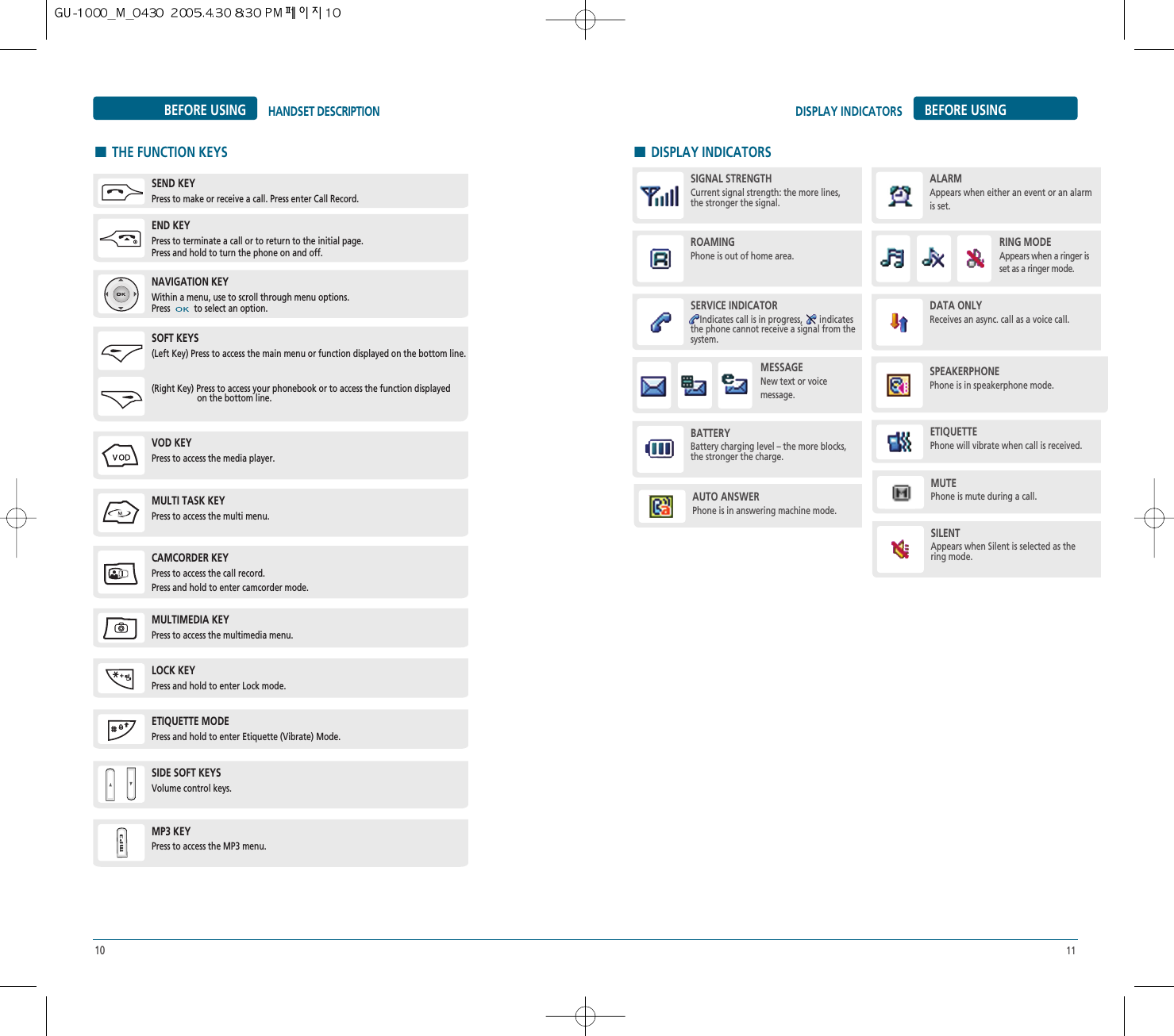 10 11AUTO ANSWER Phone is in answering machine mode. MUTE Phone is mute during a call. DISPLAY INDICATORS BEFORE USINGBEFORE USINGSIGNAL STRENGTH Current signal strength: the more lines,the stronger the signal. SEND KEYPress to make or receive a call. Press enter Call Record.END KEYPress to terminate a call or to return to the initial page. Press and hold to turn the phone on and off.NAVIGATION KEYWithin a menu, use to scroll through menu options. Press  to select an option. VOD KEYPress to access the media player.MULTI TASK KEYPress to access the multi menu.CAMCORDER KEYPress to access the call record.Press and hold to enter camcorder mode.MULTIMEDIA KEYPress to access the multimedia menu.LOCK KEYPress and hold to enter Lock mode.ETIQUETTE MODEPress and hold to enter Etiquette (Vibrate) Mode.SIDE SOFT KEYSVolume control keys.MP3 KEYPress to access the MP3 menu.SOFT KEYS(Left Key) Press to access the main menu or function displayed on the bottom line.(Right Key) Press to access your phonebook or to access the function displayedon the bottom line.ALARM Appears when either an event or an alarmis set. ROAMING Phone is out of home area. RING MODE Appears when a ringer isset as a ringer mode. SERVICE INDICATOR Indicates call is in progress, indicatesthe phone cannot receive a signal from thesystem. MESSAGE New text or voicemessage. DATA ONLY Receives an async. call as a voice call. BATTERY Battery charging level – the more blocks,the stronger the charge. SILENT Appears when Silent is selected as thering mode. ETIQUETTE Phone will vibrate when call is received. HANDSET DESCRIPTIONHTHE FUNCTION KEYSHDISPLAY INDICATORSSPEAKERPHONE Phone is in speakerphone mode. 