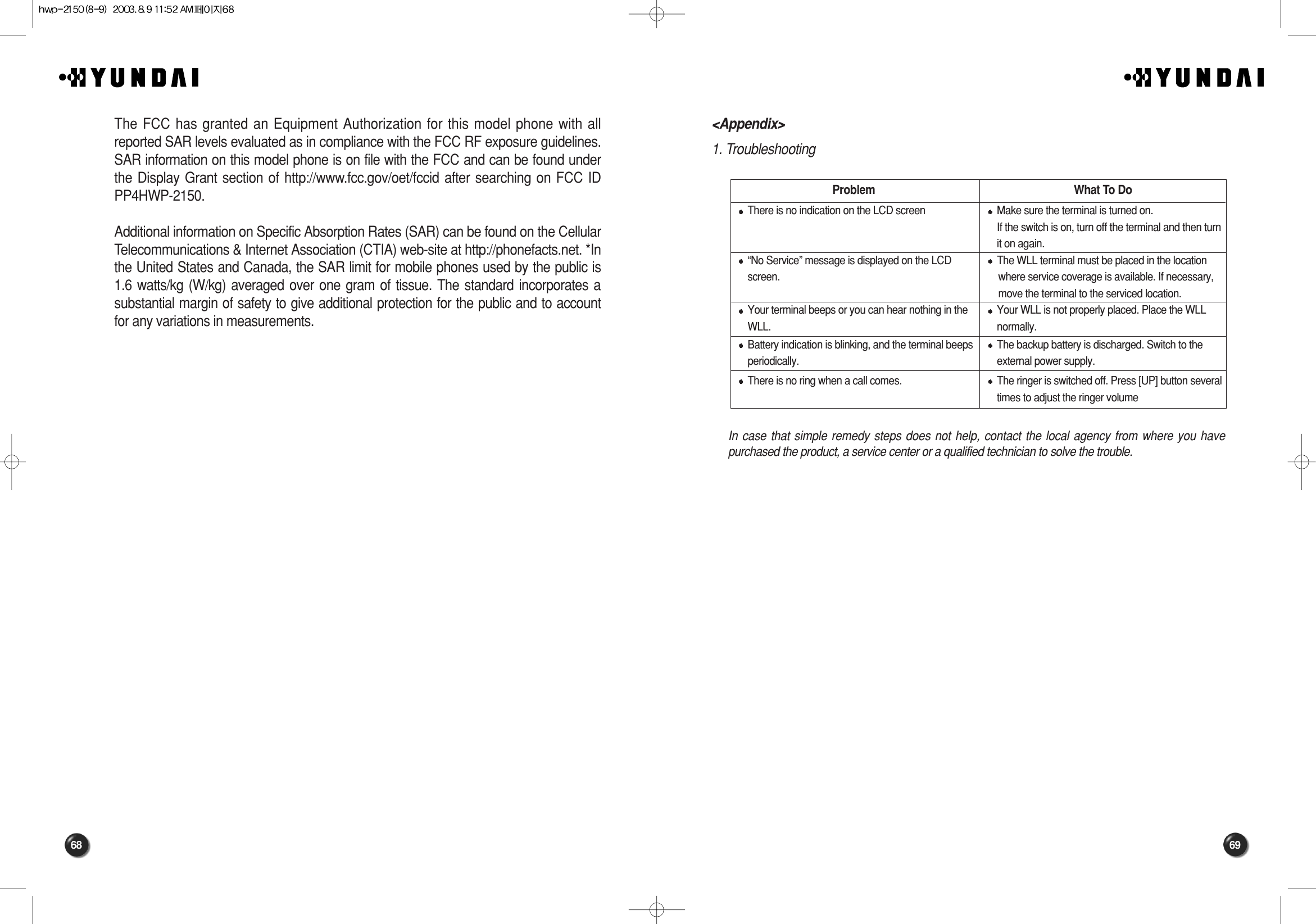 6968&lt;Appendix&gt;1. TroubleshootingIn case that simple remedy steps does not help, contact the local agency from where you havepurchased the product, a service center or a qualified technician to solve the trouble. Problem What To DoThere is no indication on the LCD screen Make sure the terminal is turned on.If the switch is on, turn off the terminal and then turnit on again. “No Service” message is displayed on the LCDscreen. The WLL terminal must be placed in the location where service coverage is available. If necessary,   move the terminal to the serviced location. Your terminal beeps or you can hear nothing in theWLL.Your WLL is not properly placed. Place the WLLnormally. Battery indication is blinking, and the terminal beepsperiodically. The backup battery is discharged. Switch to theexternal power supply.There is no ring when a call comes. The ringer is switched off. Press [UP] button severaltimes to adjust the ringer volume The FCC has granted an Equipment Authorization for this model phone with allreported SAR levels evaluated as in compliance with the FCC RF exposure guidelines.SAR information on this model phone is on file with the FCC and can be found underthe Display Grant section of http://www.fcc.gov/oet/fccid after searching on FCC IDPP4HWP-2150.Additional information on Specific Absorption Rates (SAR) can be found on the CellularTelecommunications &amp; Internet Association (CTIA) web-site at http://phonefacts.net. *Inthe United States and Canada, the SAR limit for mobile phones used by the public is1.6 watts/kg (W/kg) averaged over one gram of tissue. The standard incorporates asubstantial margin of safety to give additional protection for the public and to accountfor any variations in measurements.