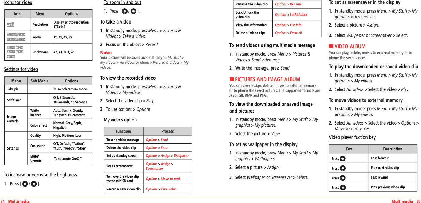 34   Multimedia Multimedia   35Icons for videoIcon MenuOptionsResolution Display photo resolution 176x144 Zoom 1x, 2x, 4x, 8xBrightness +2, +1  0 -1, -2Settings for videoMenu Sub MenuOptionsTake pic To switch camera mode.Self timer Off, 5 Seconds, 10 Seconds, 15 SecondsImage controls White balanceAuto, Sunny, Cloudy, Tungsten, FluorescentColor effect  Normal, Gray, Sepia, NegativeSettingsQuality High, Medium, LowCue sound Off, Default, “Action”/ “Cut”,  “Ready”/“Stop”Mute/Unmute  To set mute On/OffTo increase or decrease the brightness1.   Press [ /].To zoom in and out1.   Press [ /].To take a video1.   In standby mode, press Menu &gt; Pictures &amp; Videos &gt; Take a video. 2.   Focus on the object &gt; Record.Note:        Your picture will be saved automatically to My Stuff &gt; My videos &gt; All videos or Menu &gt; Pictures &amp; Videos &gt; My videos.To view the recorded video1.   In standby mode, press Menu &gt; Pictures &amp; Videos &gt; My videos. 2.   Select the video clip &gt; Play.3.   To use options &gt; Options.My videos optionFunctionsProcessTo send video message Options &gt; SendDelete the video clip Options &gt; EraseSet as standby screen Options &gt; Assign &gt; WallpaperSet as screensaver  Options &gt; Assign &gt; ScreensaverTo move the video clip to the miniSD card Options &gt; Move to cardRecord a new video clip Options &gt; Take videoRename the video clip Options &gt; RenameLock/Unlock the video clip Options &gt; Lock/UnlockView the information Options &gt; File infoDelete all video clips Options &gt; Erase allTo send videos using multimedia message1.   In standby mode, press Menu &gt; Pictures &amp; Videos &gt; Send video msg. 2.   Write the message, press Send.HPICTURES AND IMAGE ALBUMYou can view, assign, delete, moves to external memory or to phone the saved pictures. The supported formats are JPEG, GIF, BMP and PNG.To view the downloaded or saved image and pictures1.   In standby mode, press Menu &gt; My Stuff &gt; My graphics &gt; My pictures.2.   Select the picture &gt; View.To set as wallpaper in the display1.   In standby mode, press Menu &gt; My Stuff &gt; My graphics &gt; Wallpapers.2.   Select a picture &gt; Assign.3.   Select Wallpaper or Screensaver &gt; Select.To set as screensaver in the display1.   In standby mode, press Menu &gt; My Stuff &gt; My graphics &gt; Screensaver.2.   Select a picture &gt; Assign.3.   Select Wallpaper or Screensaver &gt; Select.HVIDEO ALBUMYou can play, delete, moves to external memory or to phone the saved videos.To play the downloaded or saved video clip1.   In standby mode, press Menu &gt; My Stuff &gt; My graphics &gt; My videos.2.   Select All videos &gt; Select the video &gt; Play.To move videos to external memory1.   In standby mode, press Menu &gt; My Stuff &gt; My graphics &gt; My videos.2.   Select All videos &gt; Select the video &gt; Options &gt;Move to card &gt;Move to card &gt;Move to card Yes.Video player fuction keyKeyDescriptionPress Fast forwardPress  Play next video clipPress Fast rewindPress Play previous video clip