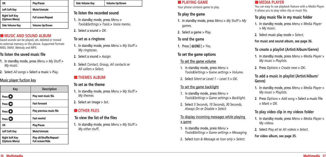 36   MultimediaOK Play/PauseLeft Soft Key Mute/UnmuteRight Soft Key (Options Menu) Full screen/RepeatSide Volume Key Volume Up/DownHMUSIC AND SOUND ALBUMSaved sounds can be played, set, deleted or moved to external memory or the phone. Supported formats MIDI, SMAF, iMelody and MP3.To listen the saved music file1.   In standby mode, press Menu &gt; My Stuff &gt;My music.2.   Select All songs &gt; Select a music &gt; Play.Music player fuction keyKeyDescriptionPress Play next music filePress  Fast forwardPress Play previous music filePress  Fast rewindOK Play/PauseLeft Soft Key Mute/UnmuteRight Soft Key(Options Menu)Play all/Shuffle/Repeat/Full screen/HideSide Volume Key Volume Up/DownTo listen the recorded sound1.   In standby mode, press Menu &gt;Tools&amp;Settings &gt; Tools &gt; Voice memo.2.   Select a sound &gt; OK.To set as a ringtone1.   In standby mode, press Menu &gt; My Stuff &gt;My ringtones.2.   Select a sound &gt; Assign.3.   Select Contact, Contact, ContactGroup, All contacts or  All callers &gt; Select.HTHEMES ALBUMTo set as the theme1.   In standby mode, press Menu &gt; My Stuff &gt;My themes.2.   Select an image &gt; Set.HOTHER FILES To view the list of the files1.   In standby mode, press Menu &gt; My Stuff &gt;My other stuff.My other stuff.My other stuffMultimedia   37HPLAYING GAMEYour phone contains game to play. To play the game1.   In standby mode, press Menu &gt; My Stuff &gt; My games.2.   Select a game&gt; Play.To end the game1.   Press [] &gt; Yes.To set the game optionsTo set the game volume1.   In standby mode, press Menu &gt;Tools&amp;Settings &gt; Game settings &gt; Volume. 2.   Select Silent orSilent orSilent Level 1 ~ Level 5 &gt; OK.To set the game backlightTo set the game backlight1.   In standby mode, press Menu &gt;Tools&amp;Settings &gt; Game settings &gt; Backlight. 2.   Select 5 Seconds, 10 Seconds, 30 Seconds,Always On or Disable &gt; Select.To display incoming messages while playing To display incoming messages while playing a gamea game1.   In standby mode, press Menu &gt;Tools&amp;Settings &gt; Game settings &gt; Messaging. 2.   Select Icon &amp; Message or Icon only &gt; Select.HMEDIA PLAYERYou can easy to use playback feature with a Media Player. It allows you to play video clip or music file.To play music file in my music folder1.   In standby mode, press Menu &gt; Media Player &gt; My music.2.   Select music play mode &gt; Select.For music and sound album, see page 36.To create a playlist (Artist/Album/Genre)1.   In standby mode, press Menu &gt; Media Player &gt;My music &gt;My music &gt;My music Playlists.2.   Press Options &gt; Create new &gt; OK.To add a music in playlist (Artist/Album/Genre)1.   In standby mode, press Menu &gt; Media Player &gt;My music &gt;My music &gt;My music Playlists.2.   Press Options &gt; Add song &gt; Select a music file&gt; Mark &gt; OK.To play video clip in my videos folder1.   In standby mode, press Menu &gt; Media Player &gt;My videos.2.   Select Play all or All videos &gt; All videos &gt; All videos Select.For video album, see page 35.