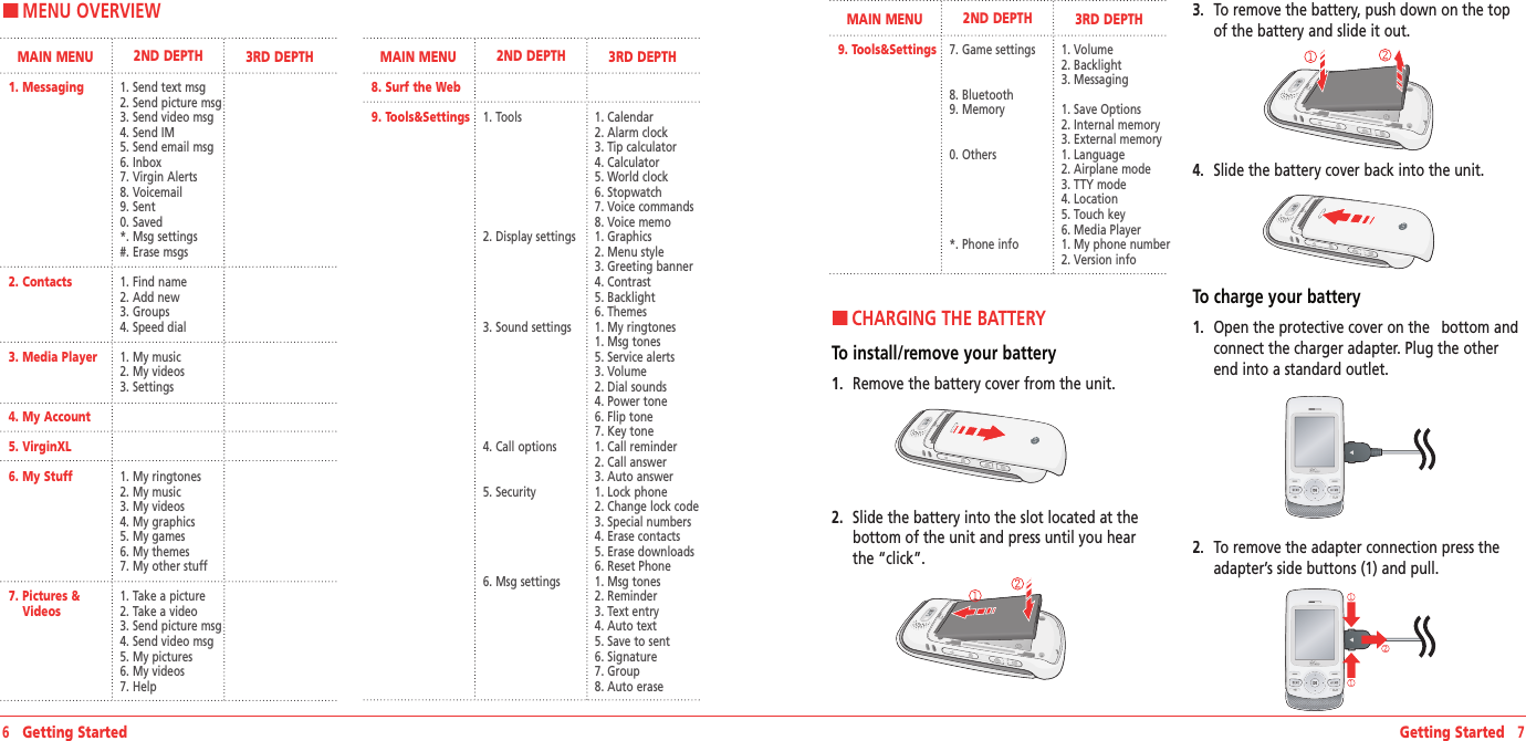 HMENU OVERVIEW6   Getting Started Getting Started   7      HCHARGING THE BATTERYTo install/remove your battery1.   Remove the battery cover from the unit.2.   Slide the battery into the slot located at the bottom of the unit and press until you hear the “click”.3.   To remove the battery, push down on the top of the battery and slide it out.4.   Slide the battery cover back into the unit.To charge your battery1.   Open the protective cover on the   bottom and connect the charger adapter. Plug the other end into a standard outlet.2.   To remove the adapter connection press the adapter’s side buttons (1) and pull.MAIN MENU 2ND DEPTH 3RD DEPTH8. Surf the Web9.  Tools&amp;Settings 1. Tools 2. Display settings3. Sound settings4. Call options5. Security6. Msg settings1. Calendar 2. Alarm clock 3. Tip calculator 4. Calculator 5. World clock 6. Stopwatch 7. Voice commands 8. Voice memo1. Graphics2. Menu style 3. Greeting banner 4. Contrast 5. Backlight 6. Themes1. My ringtones 1. Msg tones5. Service alerts 3. Volume 2. Dial sounds 4. Power tone6. Flip tone7. Key tone1. Call reminder 2. Call answer 3. Auto answer1. Lock phone 2. Change lock code 3. Special numbers 4. Erase contacts 5. Erase downloads 6. Reset Phone1. Msg tones 2. Reminder 3. Text entry 4. Auto text 5. Save to sent 6. Signature 7. Group 8. Auto eraseMAIN MENU 2ND DEPTH 3RD DEPTH1. Messaging2. Contacts3. Media Player4. My Account 5. VirginXL 6. My Stuff7.  Pictures &amp; Videos1. Send text msg 2.  Send picture msg 3.  Send video msg 4. Send IM 5. Send email msg 6. Inbox 7. Virgin Alerts 8. Voicemail 9. Sent 0. Saved *. Msg settings #. Erase msgs1. Find name 2. Add new 3. Groups 4. Speed dial 1. My music 2. My videos3. Settings1. My ringtones 2. My music 3. My videos 4. My graphics 5. My games 6. My themes 7. My other stuff1. Take a picture 2. Take a video 3.  Send picture msg4.  Send video msg 5. My pictures 6. My videos7. HelpMAIN MENU 2ND DEPTH 3RD DEPTH9.  Tools&amp;Settings 7. Game settings8. Bluetooth 9. Memory 0. Others*. Phone info1. Volume2. Backlight 3. Messaging1. Save Options  2. Internal memory 3. External memory 1. Language  2. Airplane mode 3. TTY mode 4. Location5. Touch key 6. Media Player1. My phone number2. Version info